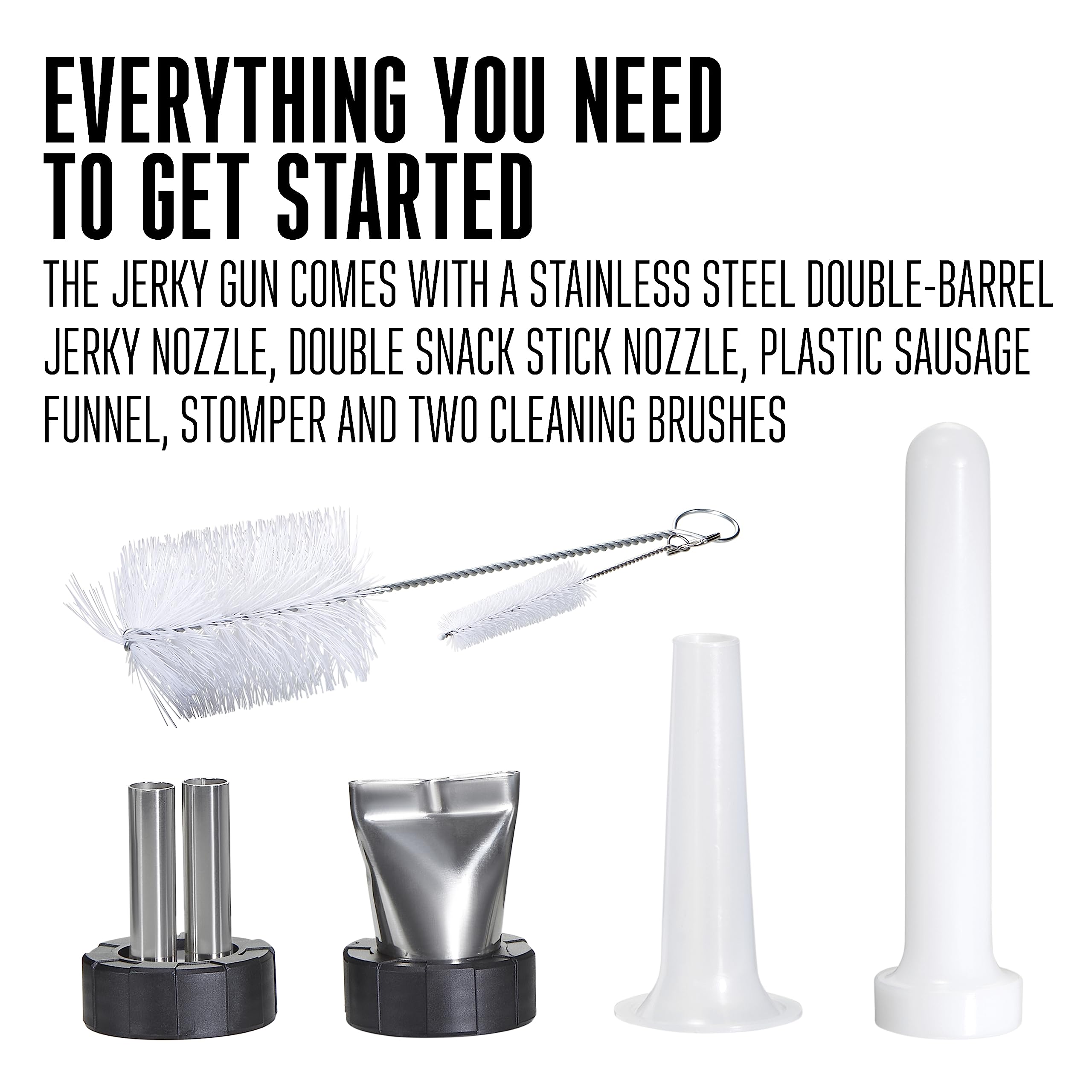 Weston Beef Jerky Original Gun Kit, Makes Flat and Round Snack Sticks, 1.5lbs Meat Capacity, With Sausage Funnel, 2 Nozzles, Stomper and Two Cleaning Brushes, Gifts for Men, Black (37-0150-W)