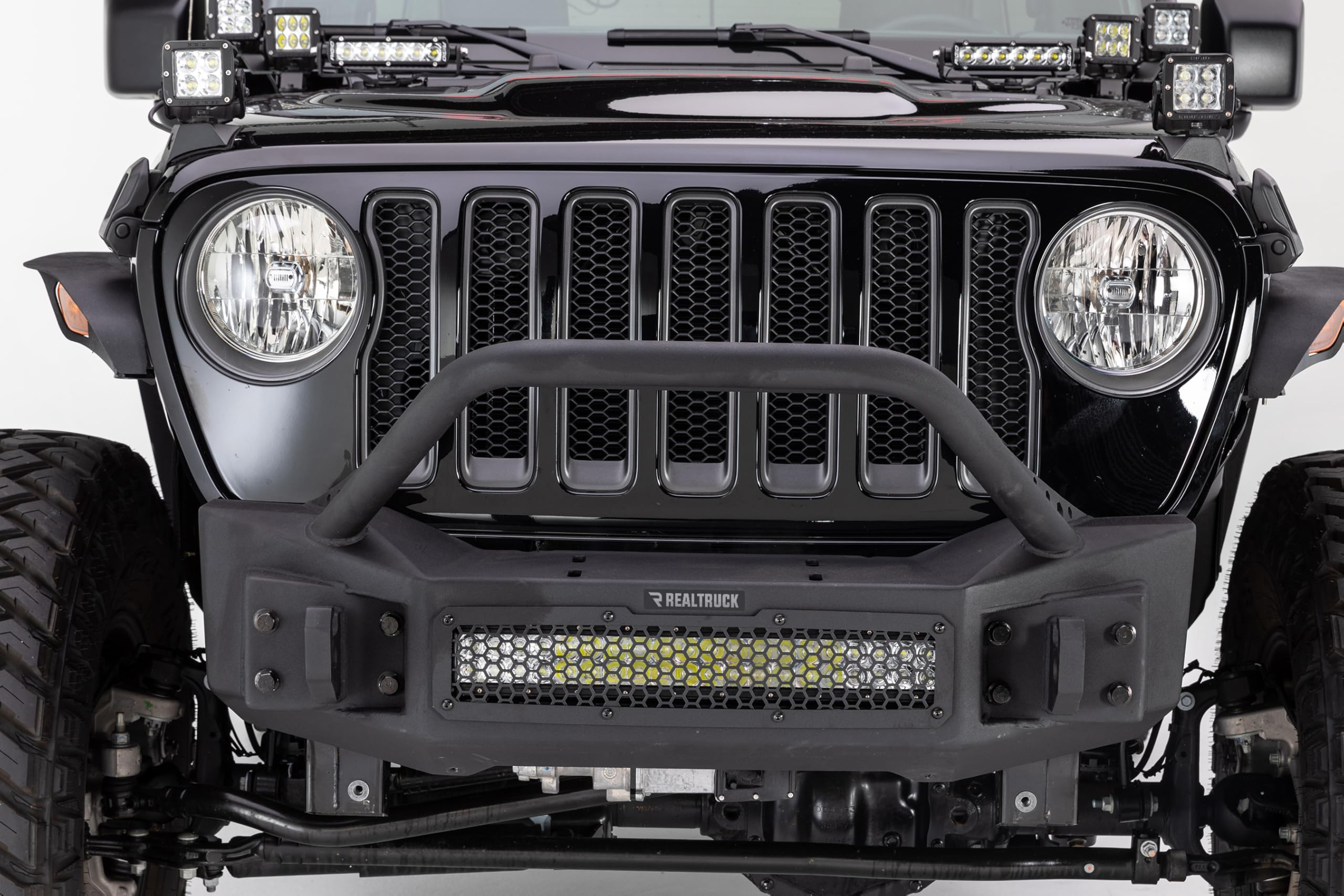Rockline Go Rhino Stubby Front Bumper w/ Overrider | Galvanized Steel, Textured Black | 331101T | Fits 2007 - 2024 Jeep Wrangler JL, JLU, JK, JKU, Gladiator JT, 2-Door or 4-Door