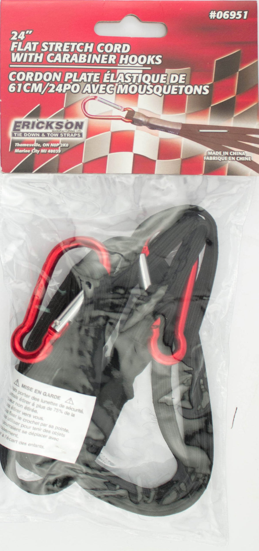 24" Flat Stretch Cord Erickson with Carabiner Hooks