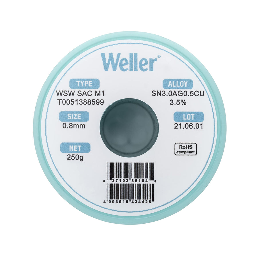 Weller Lead Free Solder Wire WSW SAC M1 (T0051402599), Dia: 0.8 mm / 0.039 in, Wt: 100 g / 3.527 oz, Alloy Sn96.5Ag3.0Cu0.5, Flux content 3.5%