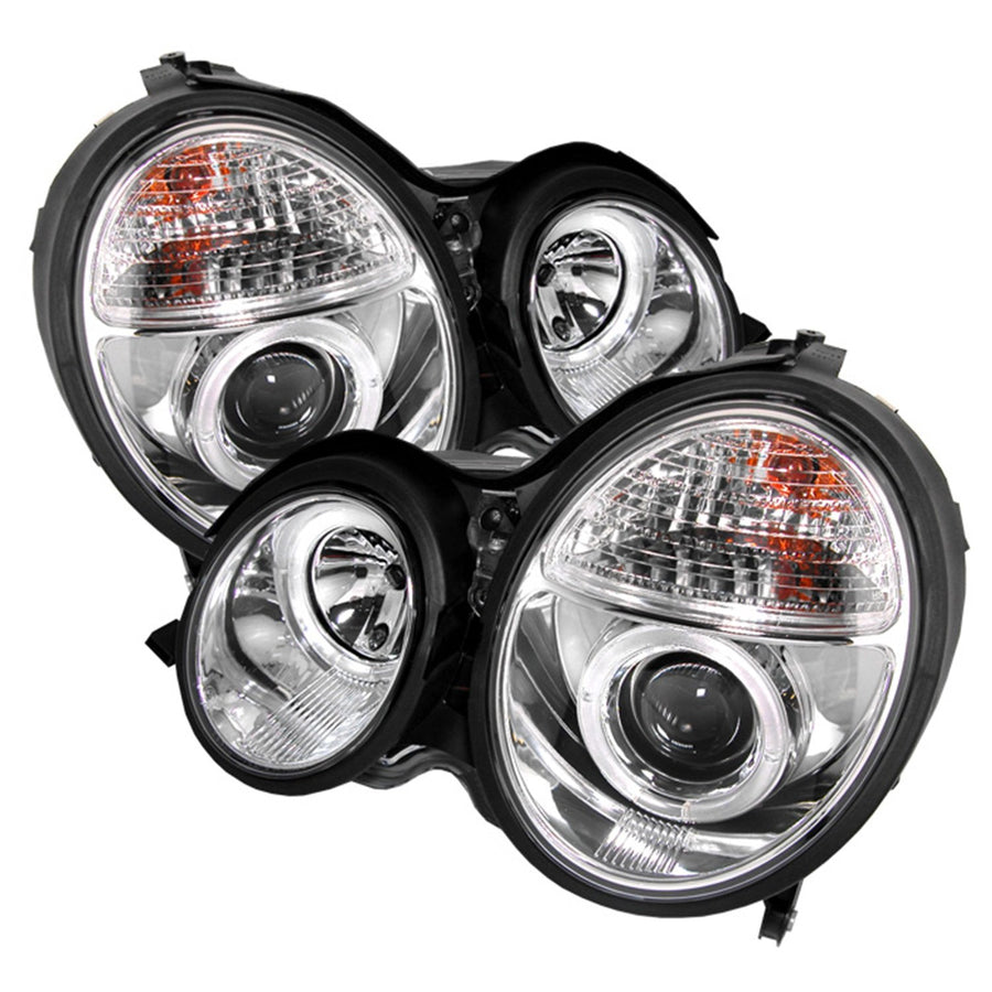 Mercedes Benz E-Class 00-02 Spyder 5011305 Projector Headlights - LED Halo - Chrome - High H1 (Included) - Low H7 (Included)