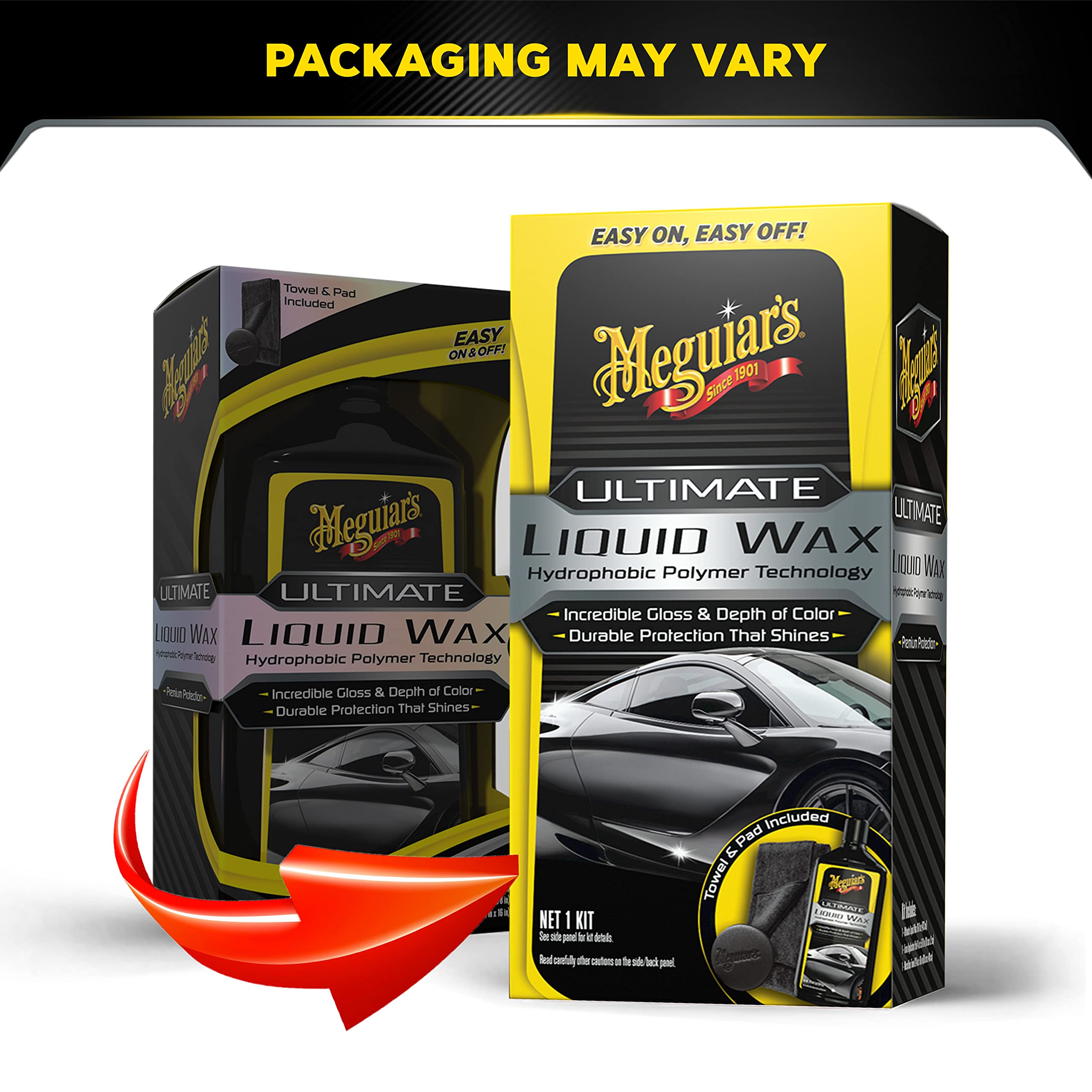 Meguiar's Liquid Ultimate Wax, Improved Liquid Car Wax Formula for Durable Protection that Shines, Premium Towel and Applicator Pad Car Accessories Included, 16 Oz Bottle