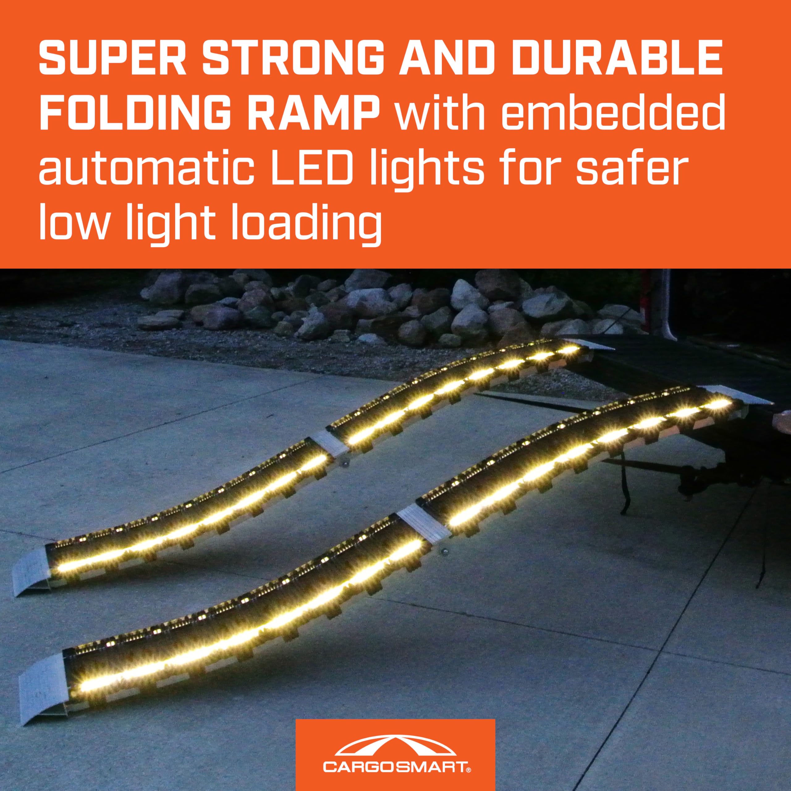 CargoSmart Hybrid LED S-Curve Centerfold Loading Ramp, 1 Pack — 1,500lb Per Pair Capacity, 12” W x 90” L — Aluminum Ramp with Built-in LED Lights, Load/Unload Lawn Equipment, Motorcycles, ATVs & More