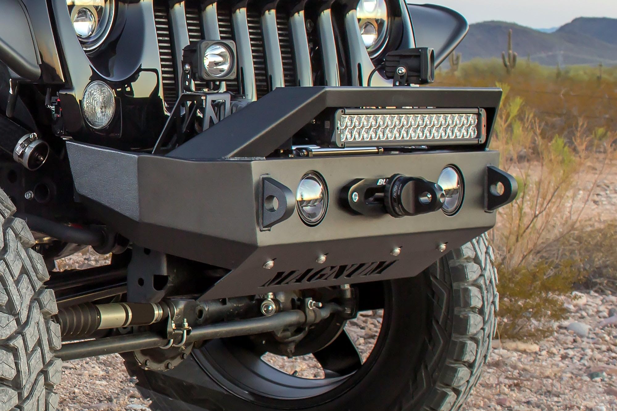 FBM21JPN-RT MAGNUM Bumper for Jeep Wrangler (W/Rt-Series Light Bar Includes Skid Plate & Jack Mounts Reuse Factory Lights Winch)