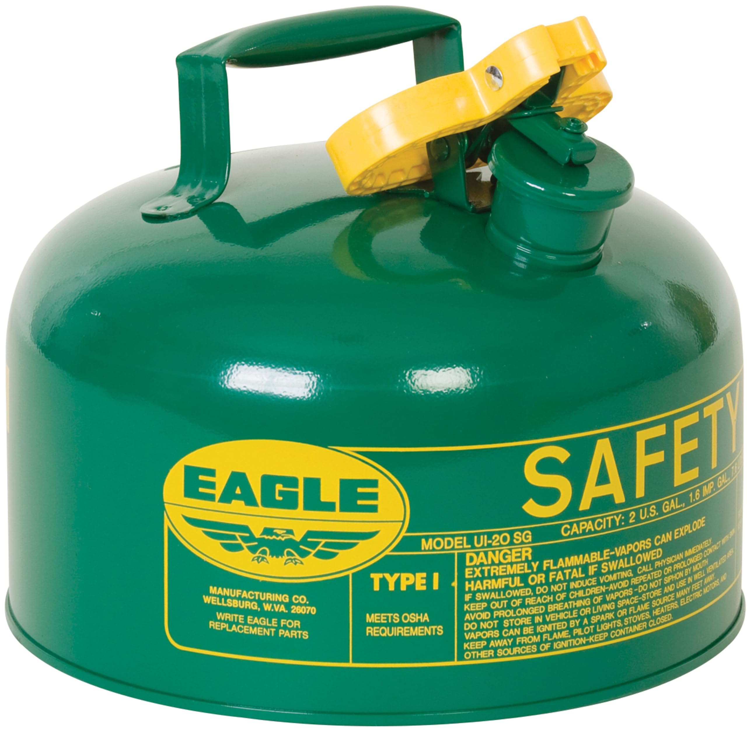 Eagle 2 Gallon Green Type I Safety Gas Can for Oil and Other Combustibles with Flame Arrester and Self-Closing Lid, Made in the USA, Galvanized Steel Flammable Storage Can, UI20SG