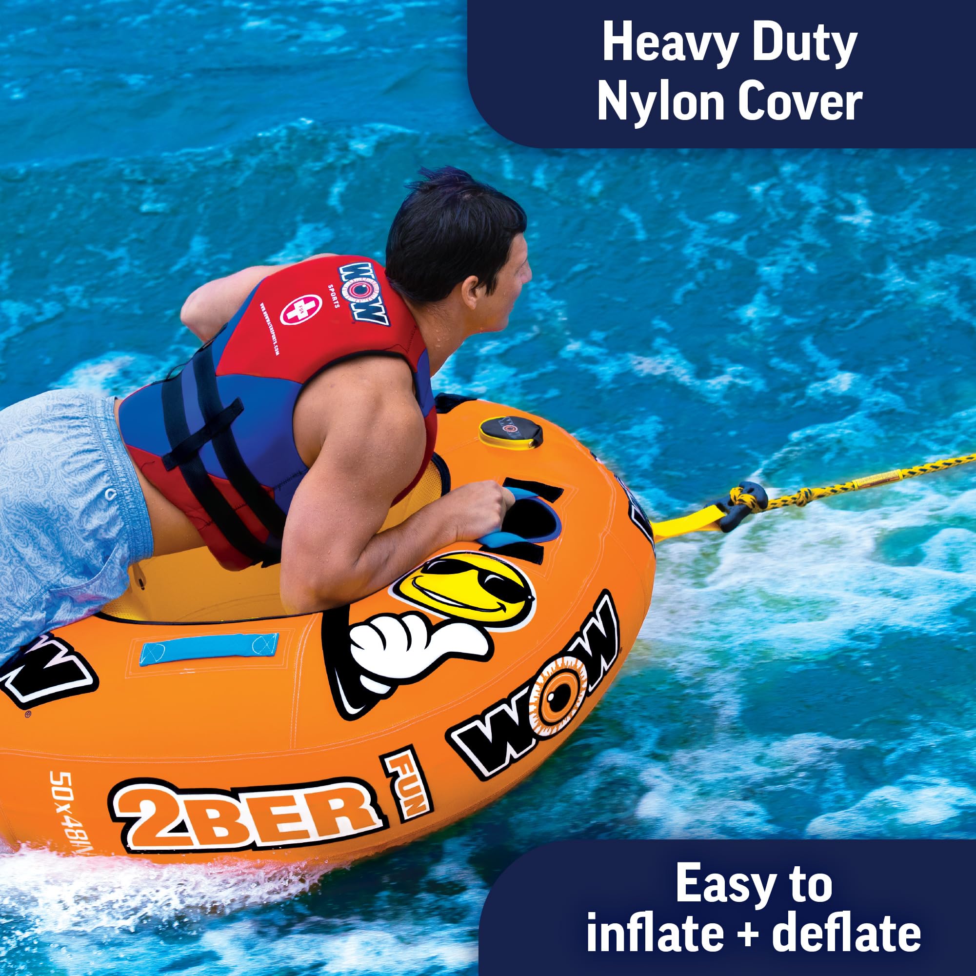 2Ber WOW Sports Fun Inflatable Towable Tube - Included 12V DC Pump & 1K 60' Tow Rope - Classic 1-Person Design - Perfect Boating Accessory