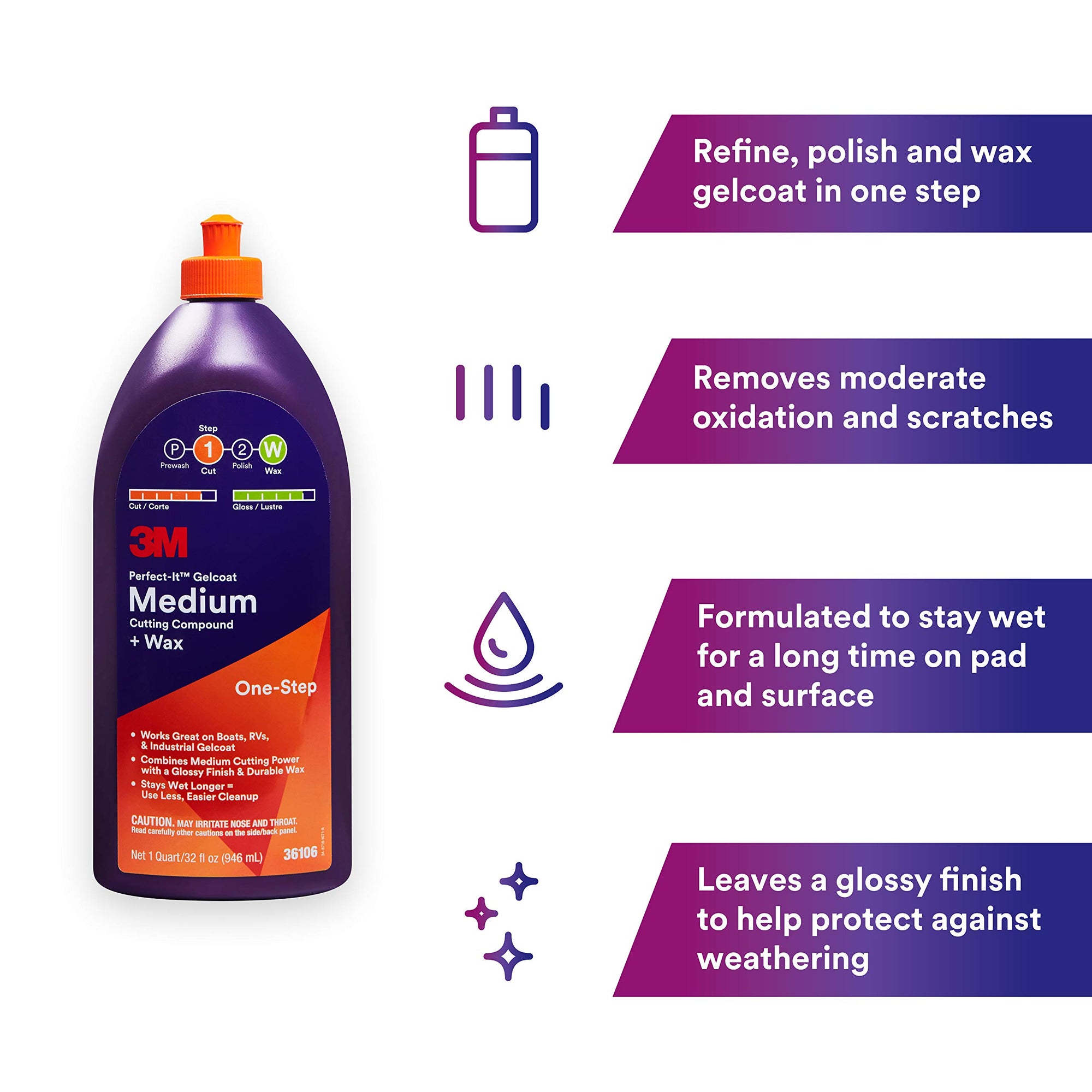 3M Perfect-It Medium Cutting Compound Gelcoat + Wax, 36106, 1 Quart, One-Step Process, P1500 and Finer Scratches, Fiberglass Oxidation Remover for Boats and RVs