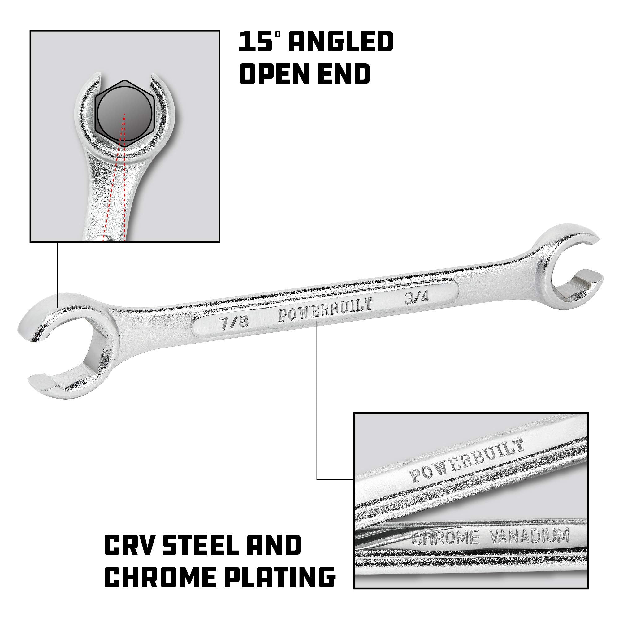 4 Piece Powerbuilt SAE Flare Nut Wrench Set, Size Includes 3/8" x 7/16", 1/2" x 9/16", 5/8" x 11/16", 3/4" x 7/8" Flare Nut Wrench, Chrome-Vanadium made - 640185