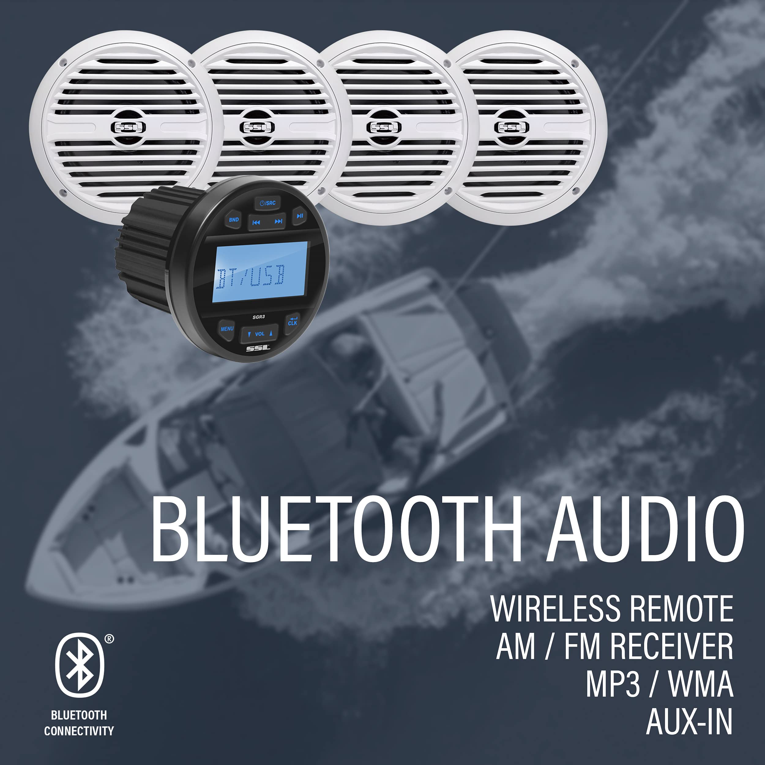Sound Storm Laboratories Weatherproof SGR3.64 Marine Receiver and Speaker Package - IPX6 Rated Receiver, Bluetooth, USB, AM/FM Tuner, No CD Player, 6.5 Inch 2-Way Speakers x 4, Dipole Antenna