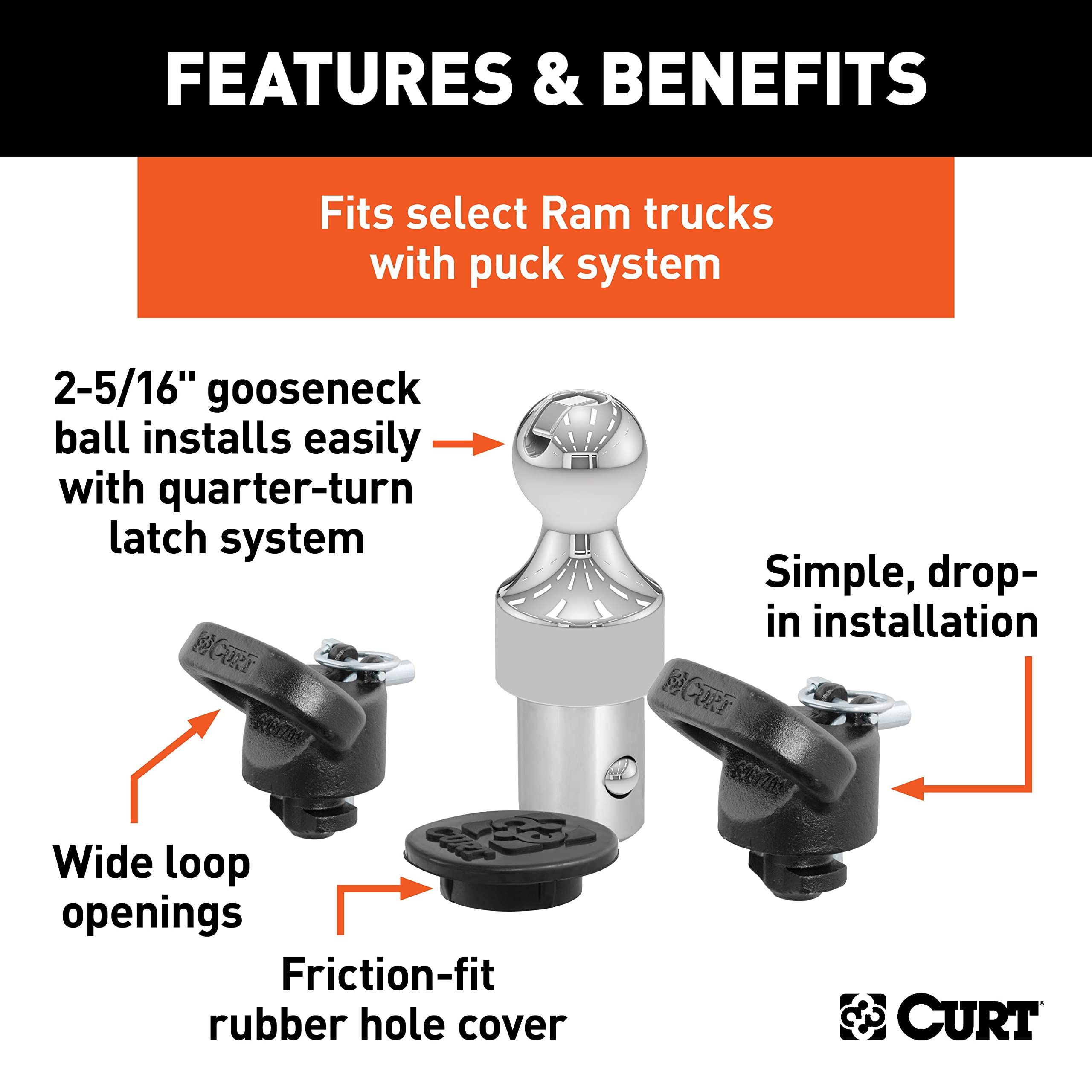 CURT 60638 Gooseneck Hitch Kit OEM Puck System, Fits Select Ram Trucks, 38,000 lbs. GTW, 2-5/16-Inch Ball, Pucks Required, Chrome Powder Coat