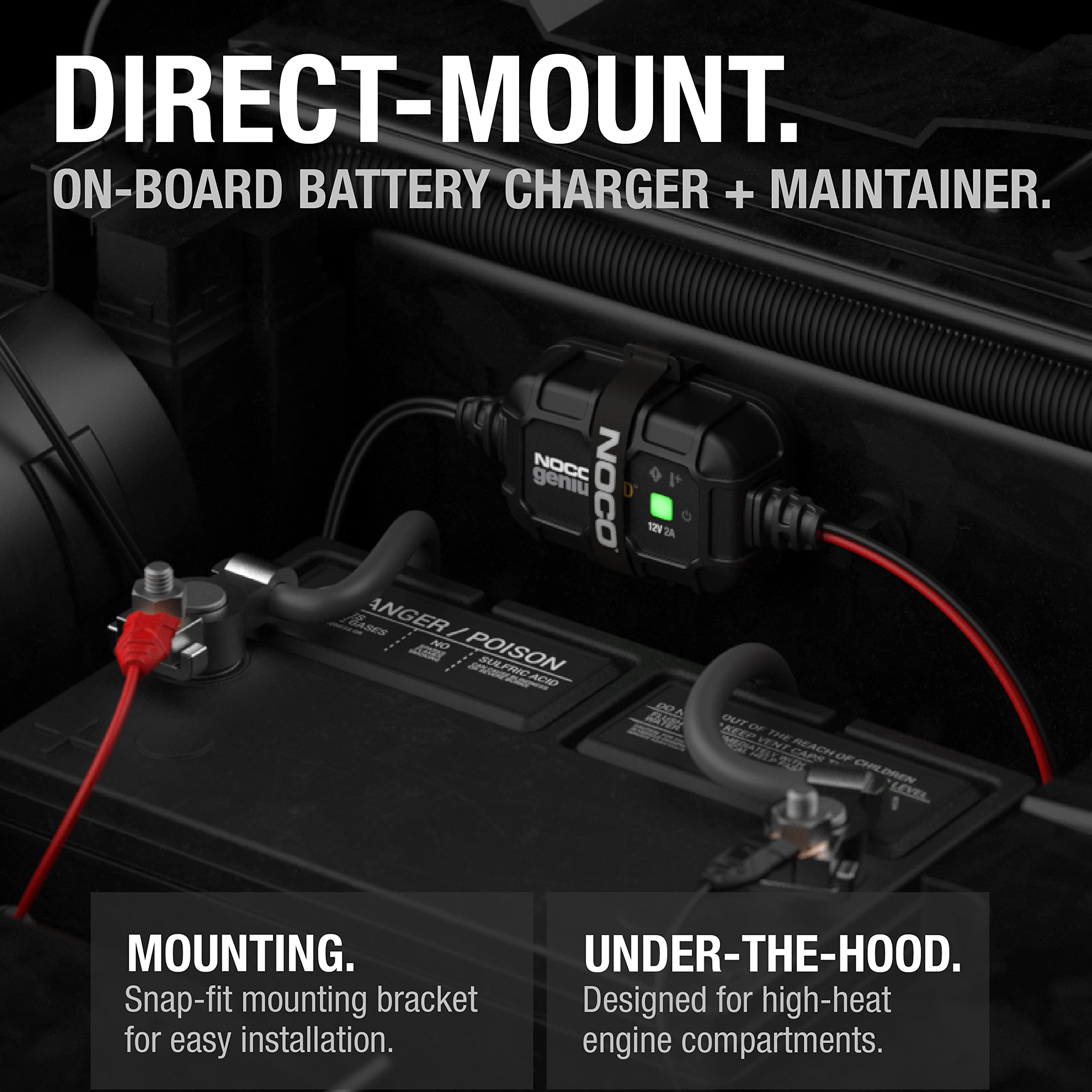 GENIUS2D NOCO: 2A 12V Smart Onboard Battery Charger - Direct-Mount Automatic Maintainer, Trickle Charger & Desulfator with Overcharge Protection & Temperature Compensation – for Lead-Acid Batteries