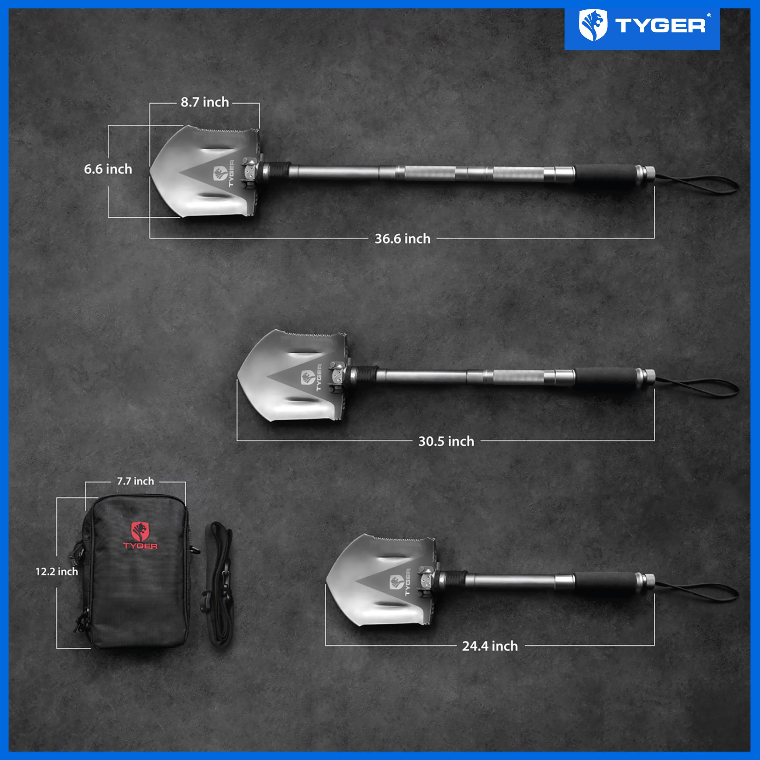 Tyger Auto Folding Shovel Military Heavy Duty TG-SV8U3217 Survival Shovel 16-in-1 Multitool Compact Camp Shovel with Bag for Camping, Hiking, Off-Roading, Outdoor, Tactical, Emergency