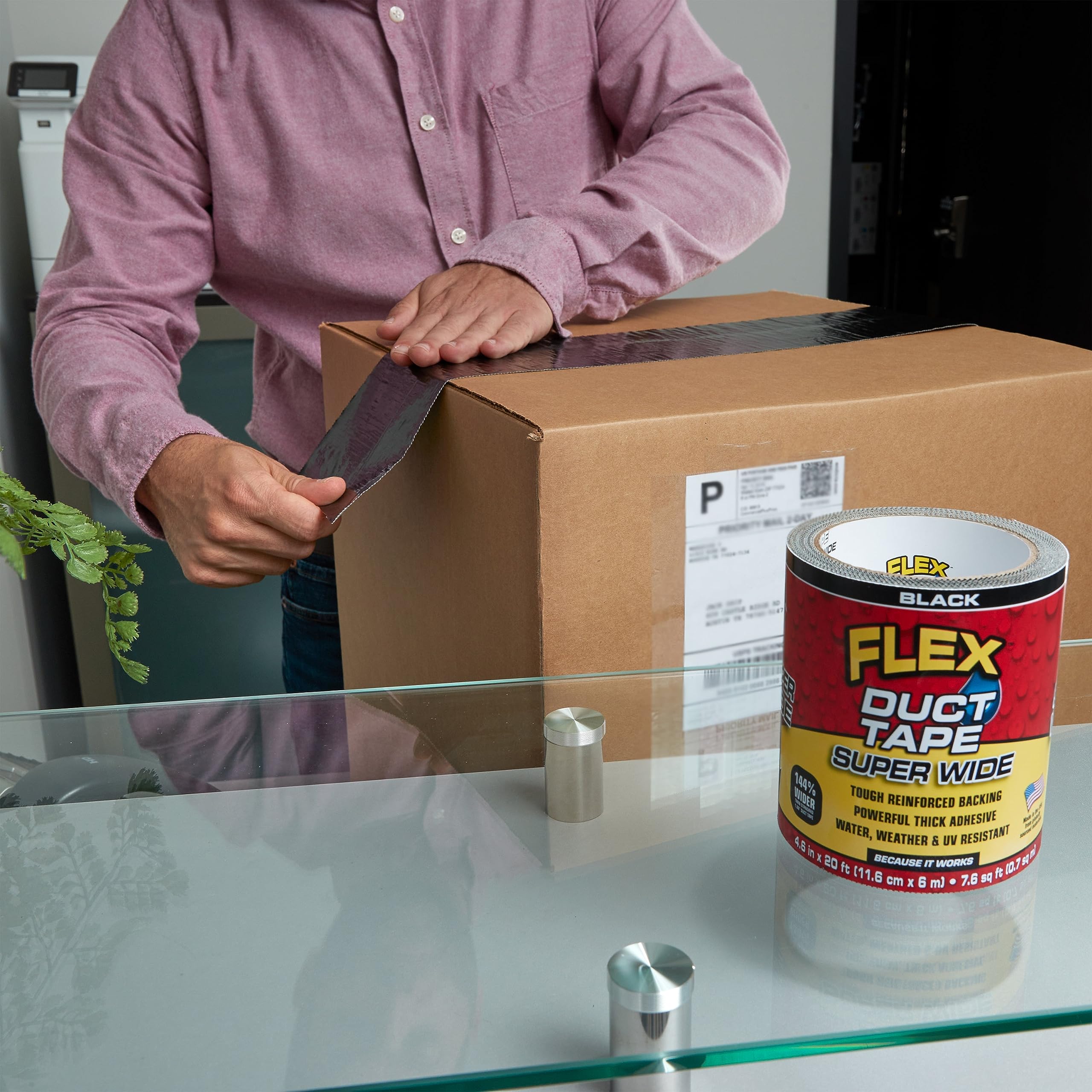 Super Wide Flex Duct Tape, 4.6 Inches x 20 Feet, Black, Heavy Duty Strong, Multi-Surface, Water, Weather and UV Resistant, Tearable, Perfect for Boxes, No Residue