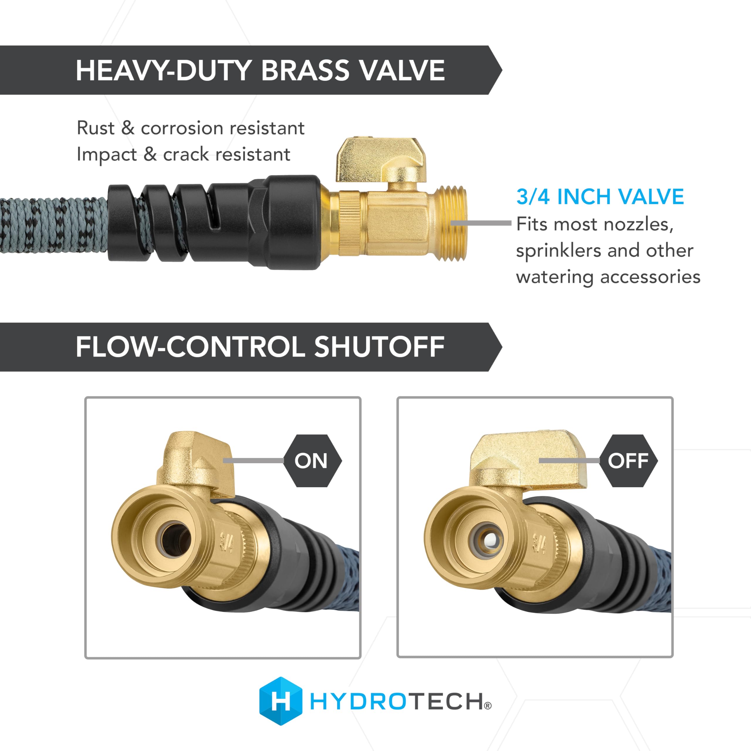 60 ft Hydrotech Garden Hose – Patented Force Control, Burst-Proof, Lightweight, Flexible, No-Kink Design, 5/8", 4 Tire Hose Guides, Ideal for Car Wash & Automotive Care