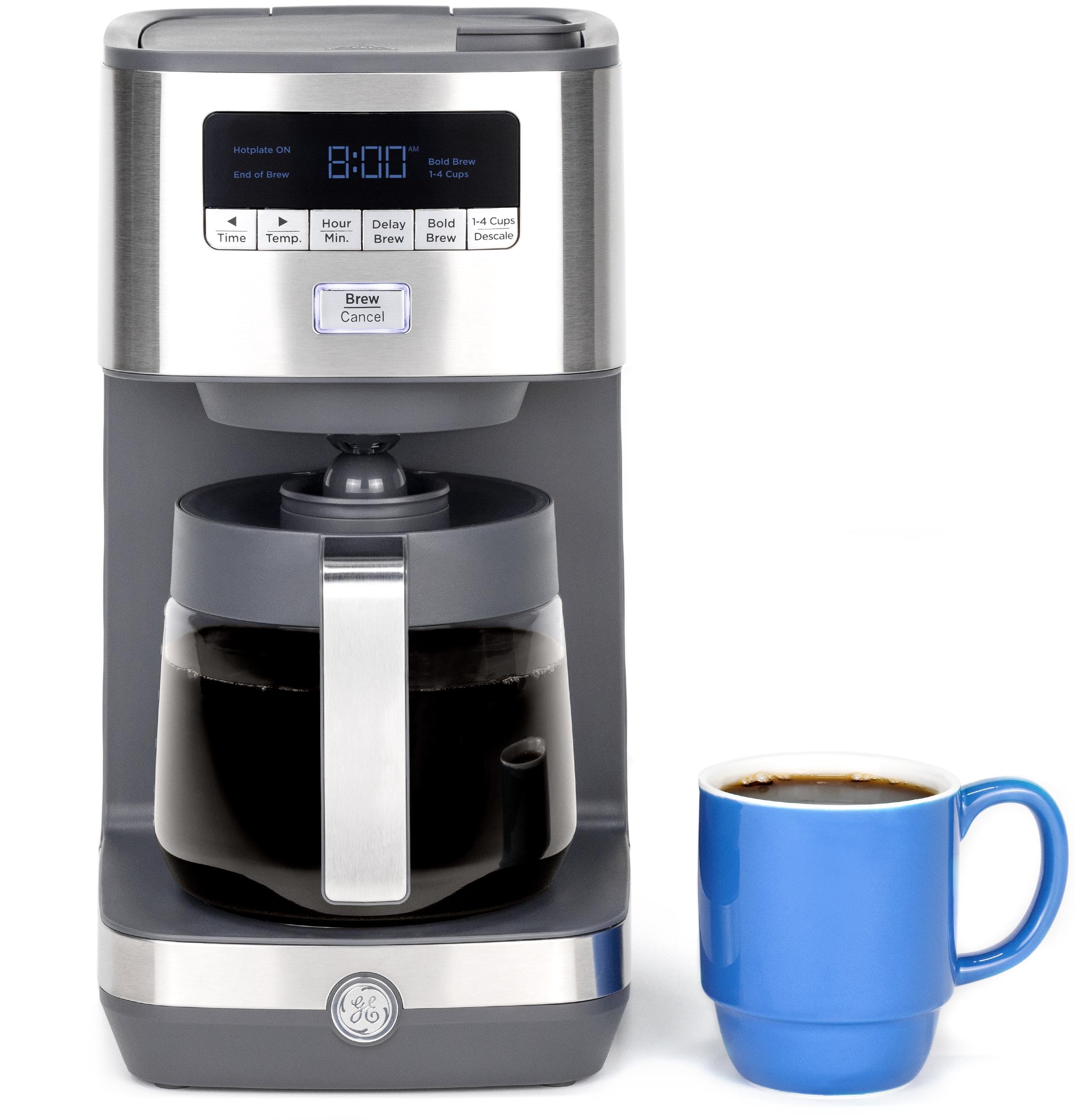 Drip Coffee Maker GE With Timer | 12-Cup Glass Carafe Coffee Pot With Adjustable Keep Warm Plate | Wide Shower Head for Maximum Flavor | Kitchen Essentials | Stainless Steel