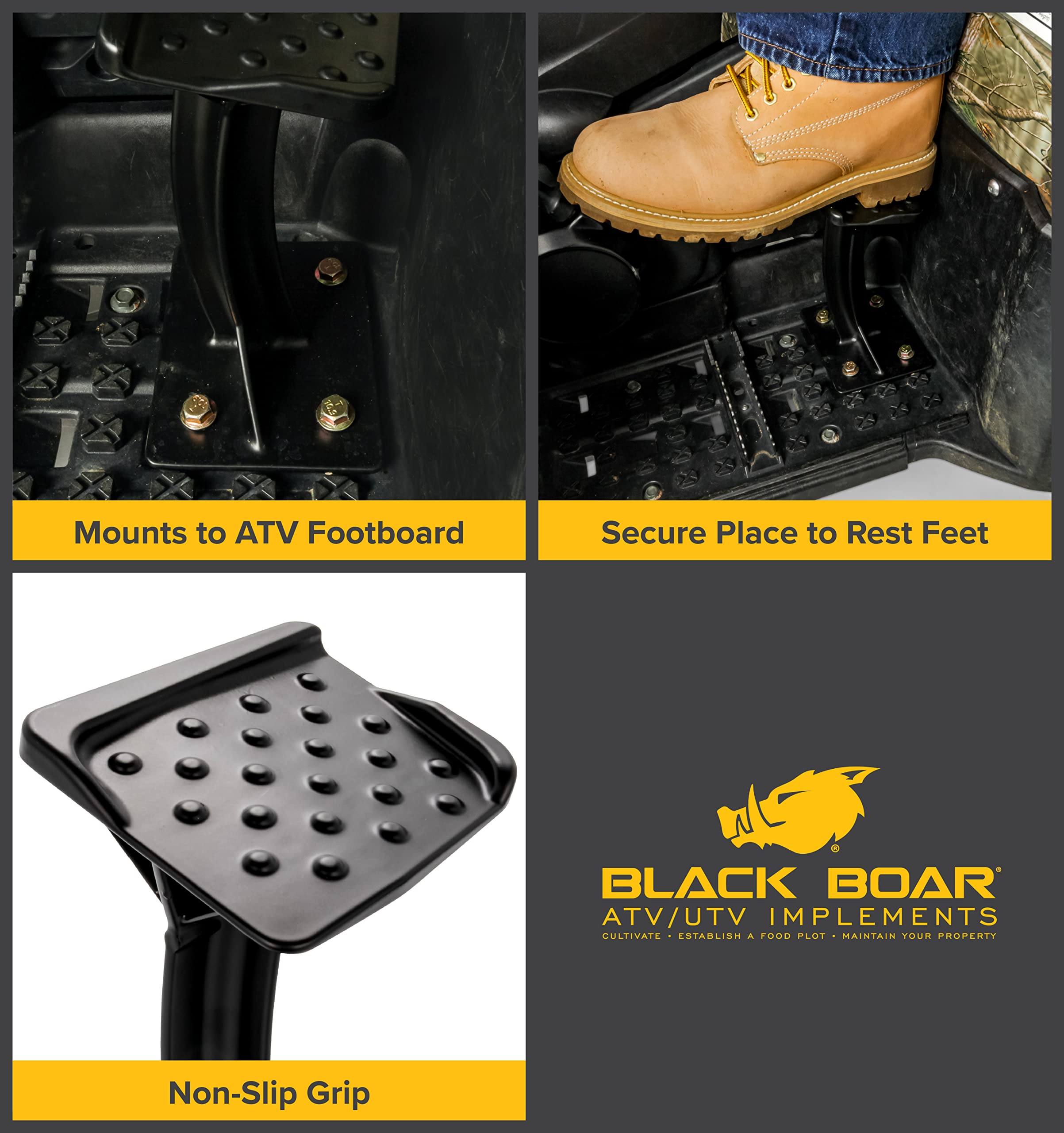 ATV Rear Lounger Black Boar Foot Pedestal - Durable Powder-Coated Cast Aluminum Design & Perforated Surface for Firm Foot Hold - Mounts to Most ATV Footboards - 8-3/8” (H) x 4” (W) - Set of 2 (66017)