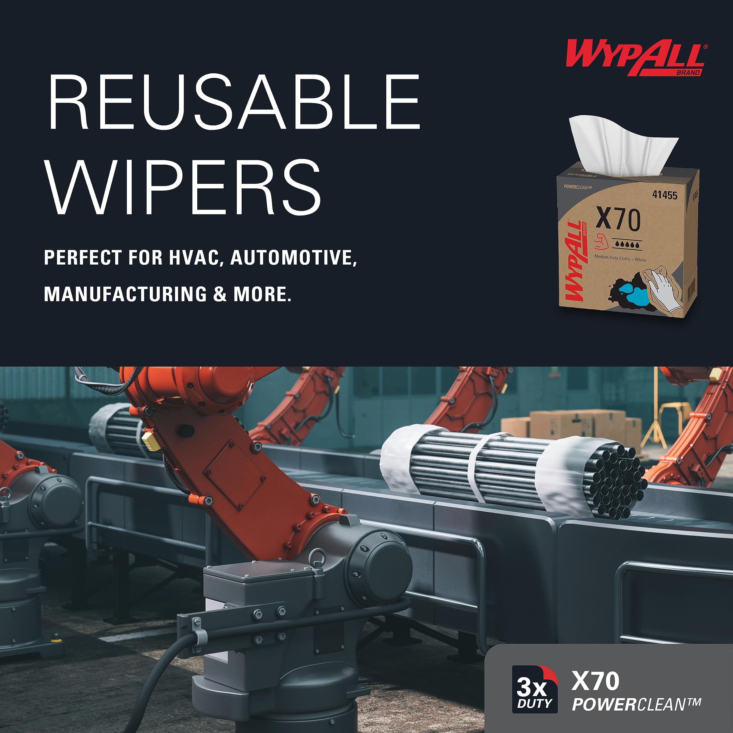 WypAll X70 Reusable Extended Use Cloths (41455), POP-UP Box, Long Lasting Performance, White (10 boxes of 100 wipes)