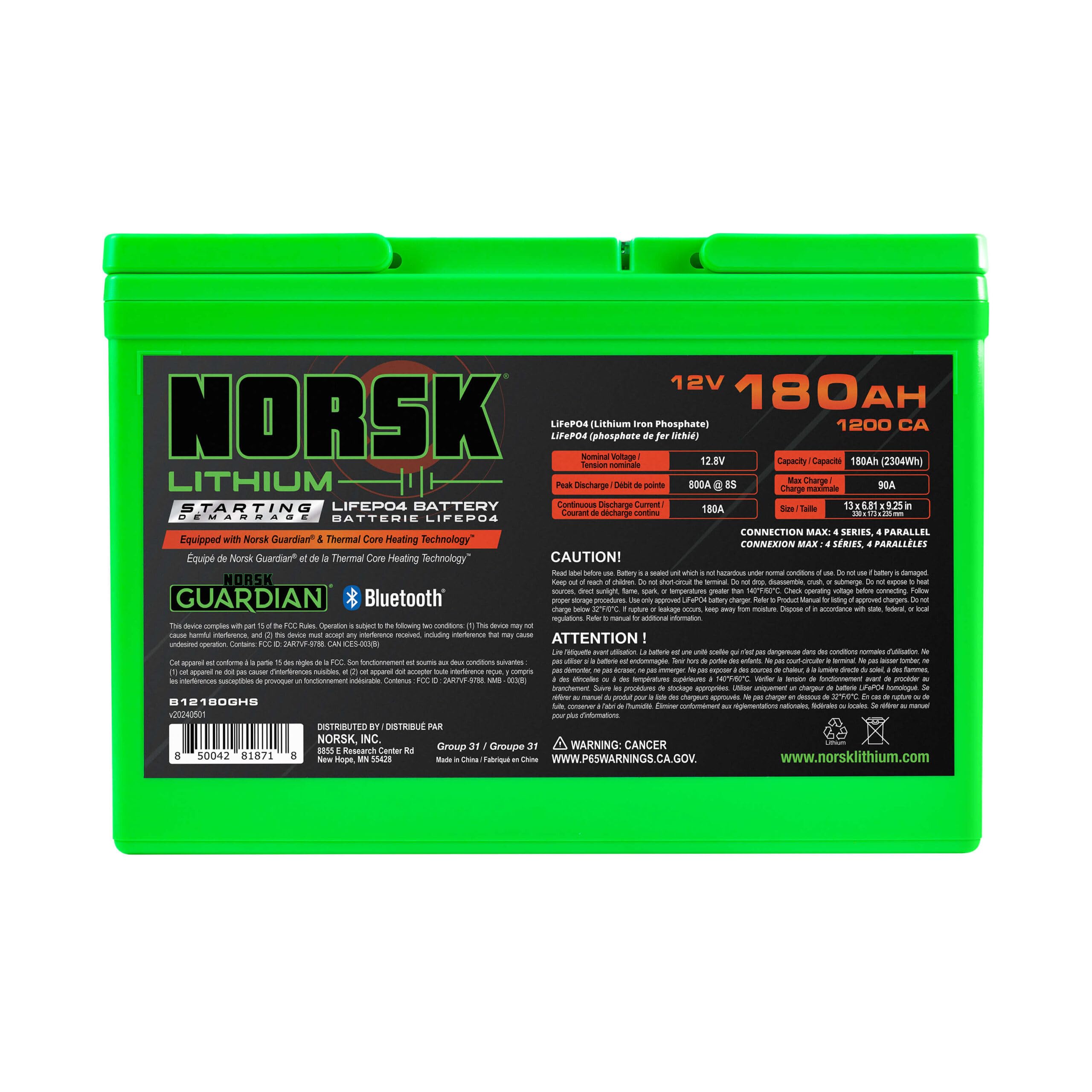 12V Norsk Lithium 180AH Heated Marine Lithium Cranking Battery | 1200 CCA | LiFePO4 | Triple Terminals | Emergency Start Reserve | Bluetooth | Perfect for RV, Solar, Boat, and Marine