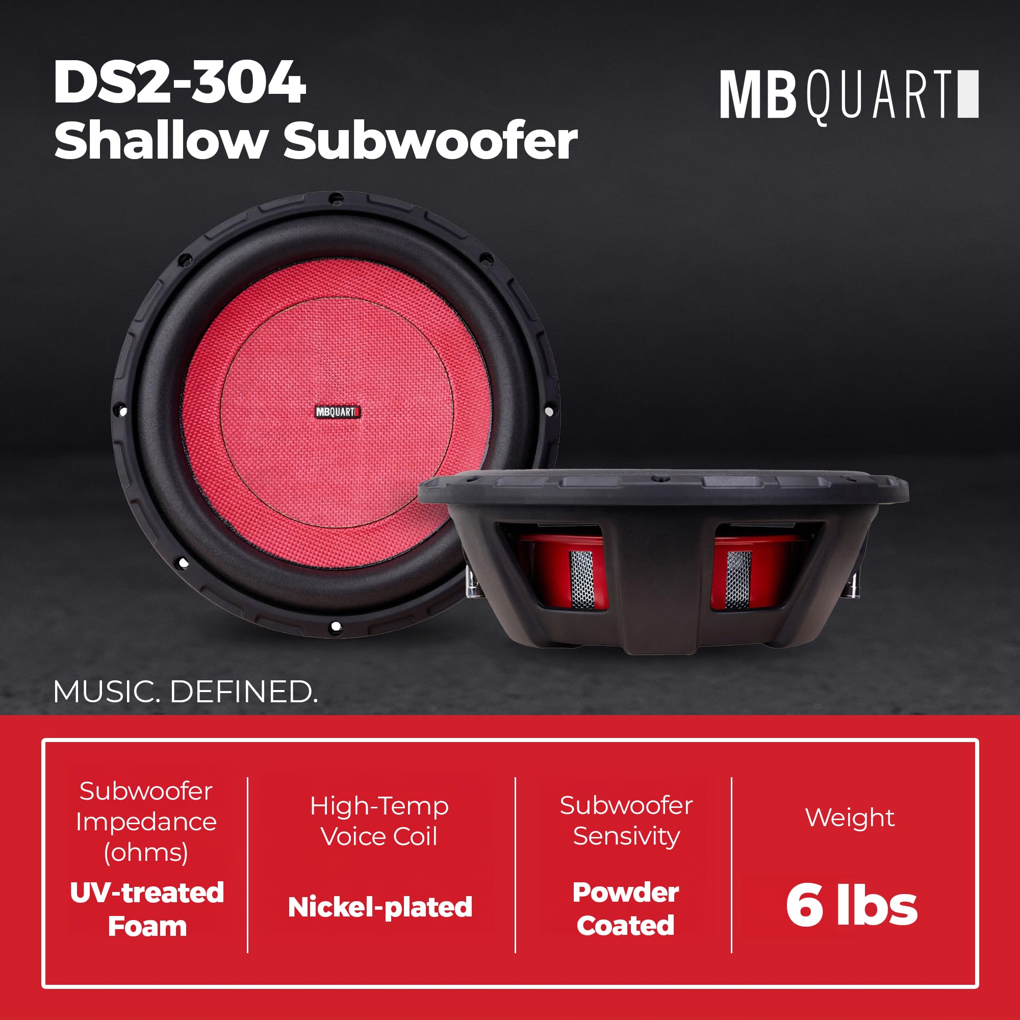 12" MB Quart Shallow Wall Mount Stereo Subwoofer, 600W Peak Power, High-Temperature Voice Coil, UV-Treated & Corrosion-Resistant Nickel Plated, Black