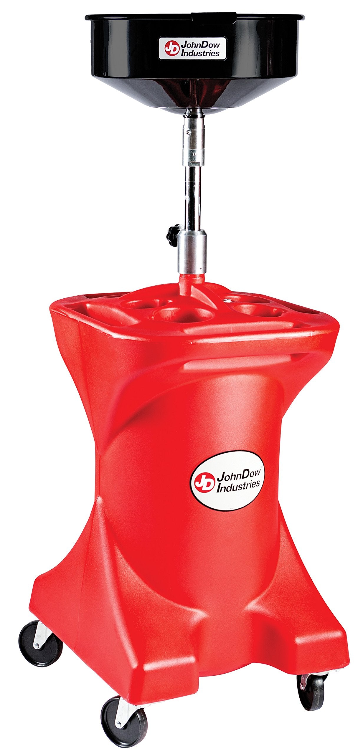 JDI-27GFD JohnDow Industries 27 Gallon Pump Assist Portable Oil Drain, 16 inch Diameter Centered Funnel, Adjustable Funnel Height of 45 in. to 70 in. With Molded in Tool Tray for Oil Filters and Tools