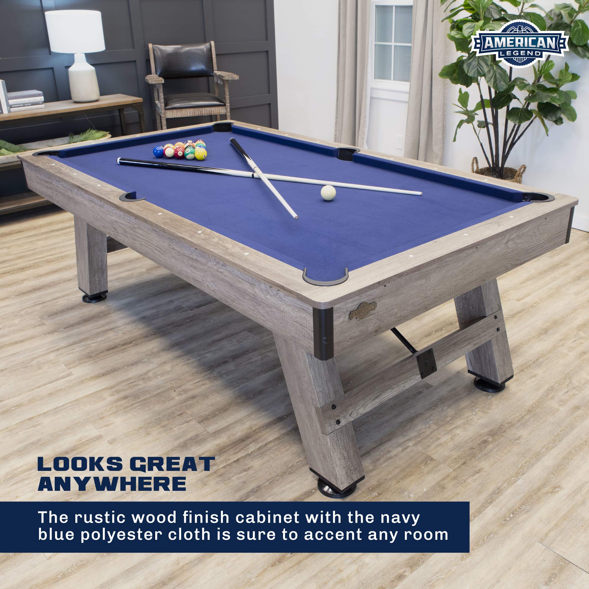 Brookdale American Legend 90” Billiard Table with Rustic Wood Finish and Navy Blue Cloth