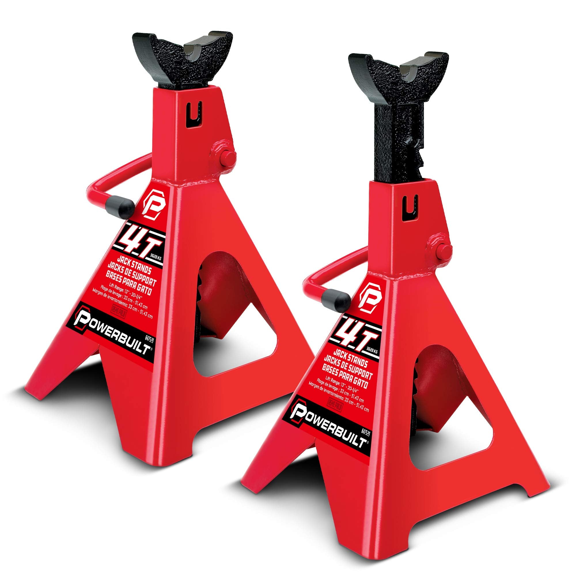 4 Ton Powerbuilt Ratchet Jack Stands, Wide Stance Stability, Vehicle Car Lifting Range 13-Inches to 20-1/4-Inches (33cm-51cm), 1 Pair (2 Pack) - 647529