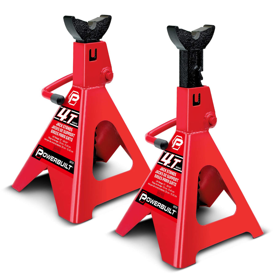 4 Ton Powerbuilt Ratchet Jack Stands, Wide Stance Stability, Vehicle Car Lifting Range 13-Inches to 20-1/4-Inches (33cm-51cm), 1 Pair (2 Pack) - 647529
