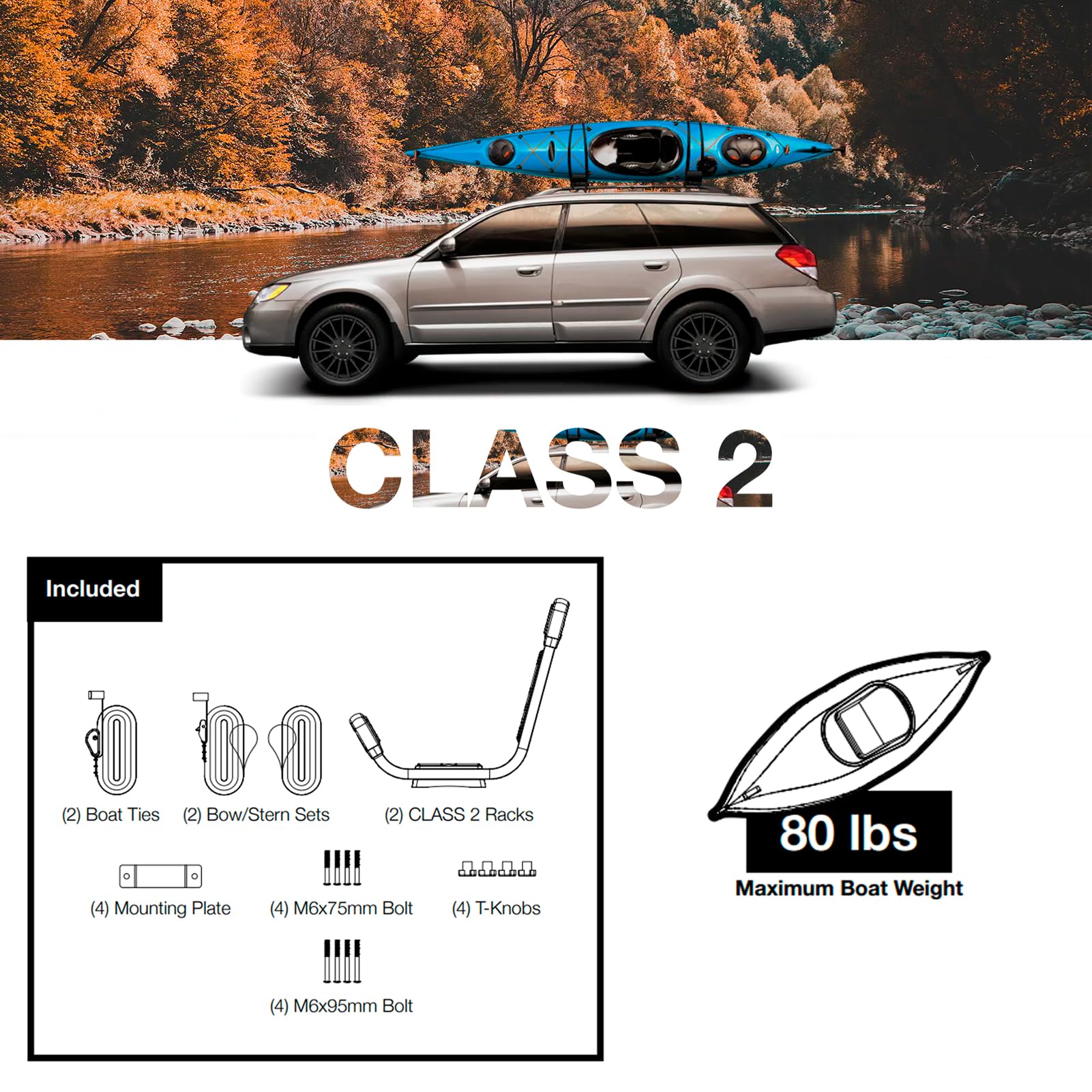 KUAT Universal Class 2 Fixed J-Style Durable Kayak Hauling Rack | Car Truck Van Rooftop Crossbar Mounted Boat Transportation System, Black | 2 Racks, 4 Tying Straps, Mounting Plates, Bolts & T-Knobs