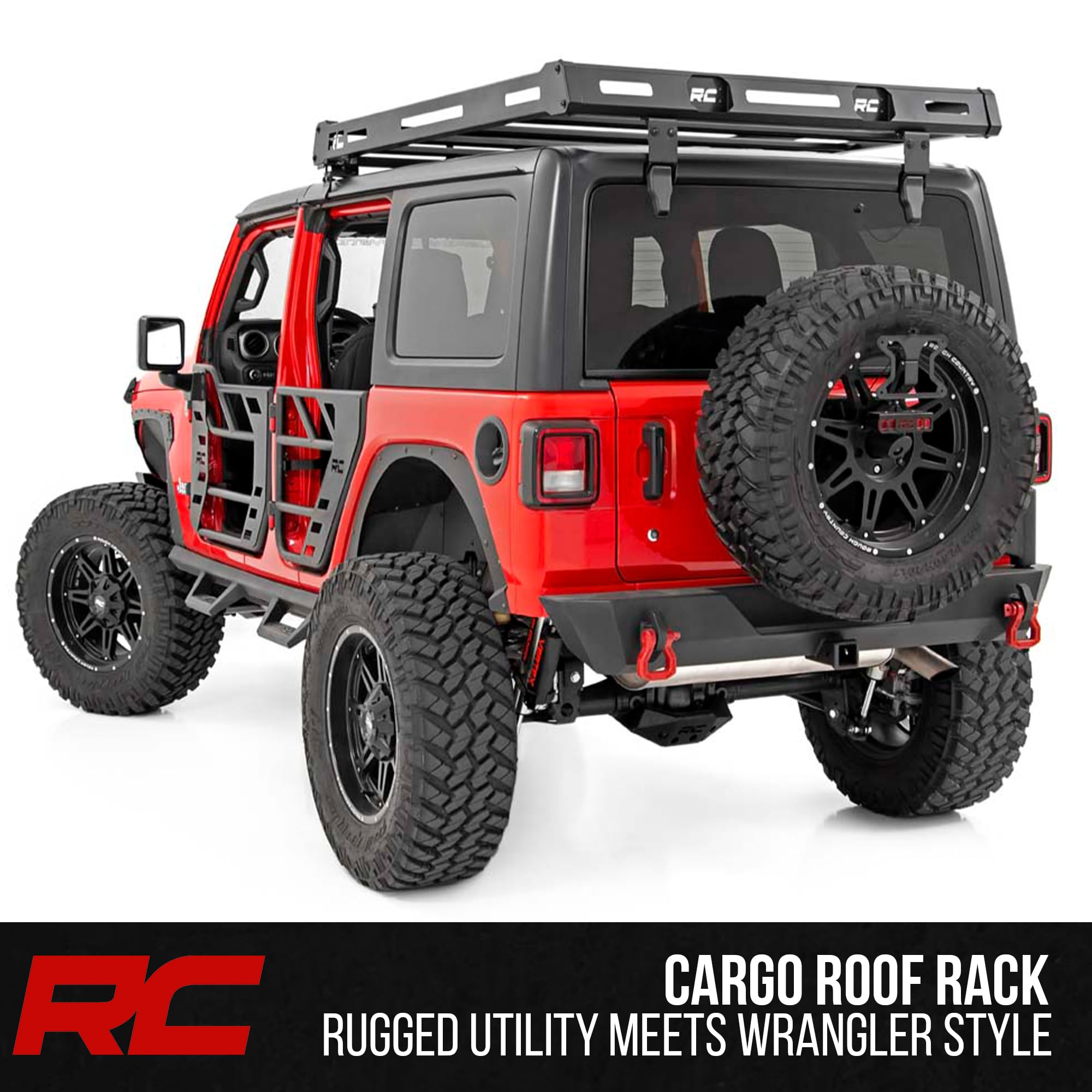 Rough Country Roof Rack for Jeep Wrangler JL (2021–2024) & Unlimited (2018–2025) with LED Lights - Cargo Rack with 50" LED Bar & Dual 2" Flush Mount LEDs, Freedom Top Compatible