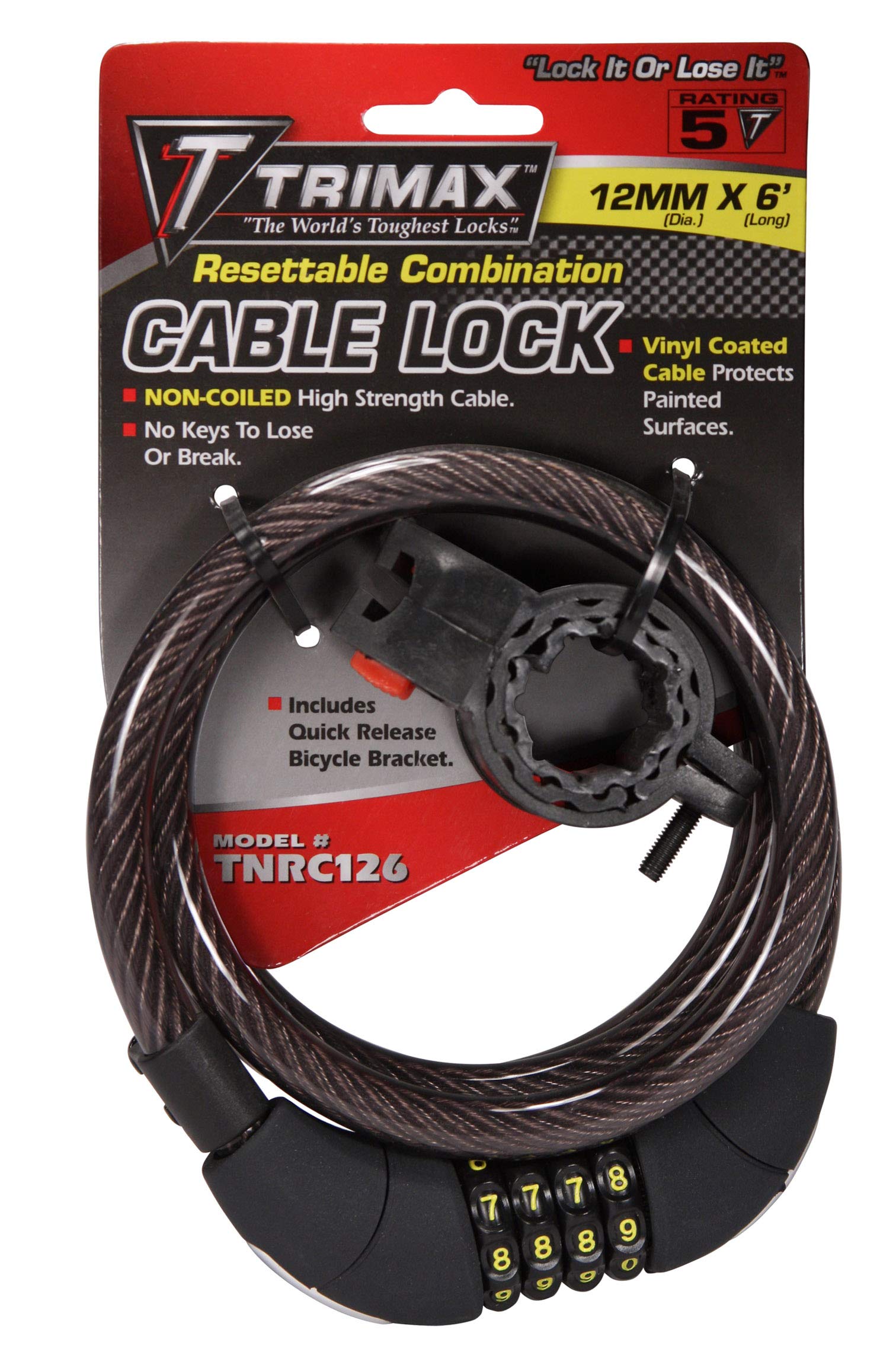 Trimax 6 ft x 12 mm TNRC126 Medium Security Non-Coiled Combination Cable Lock with Bracket, Black
