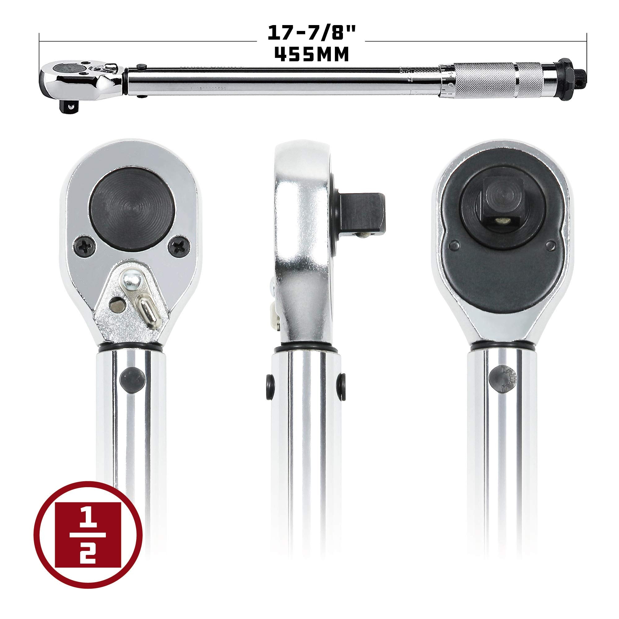 Powerbuilt Torque Wrench Micrometer, 1/2-Inch Drive, Reversible Ratchet Clicks, Lockable, 30 to 150 Foot Pound Range - 644999