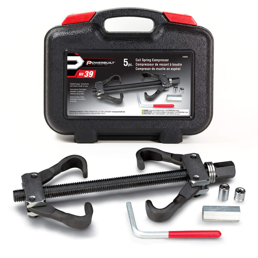 Powerbuilt Coil Spring Compressor Tool Kit, 5 Piece, Shock Absorbers, Straight or Curved Coil Springs, Domestic and Foreign, Storage Case - 648603, Black