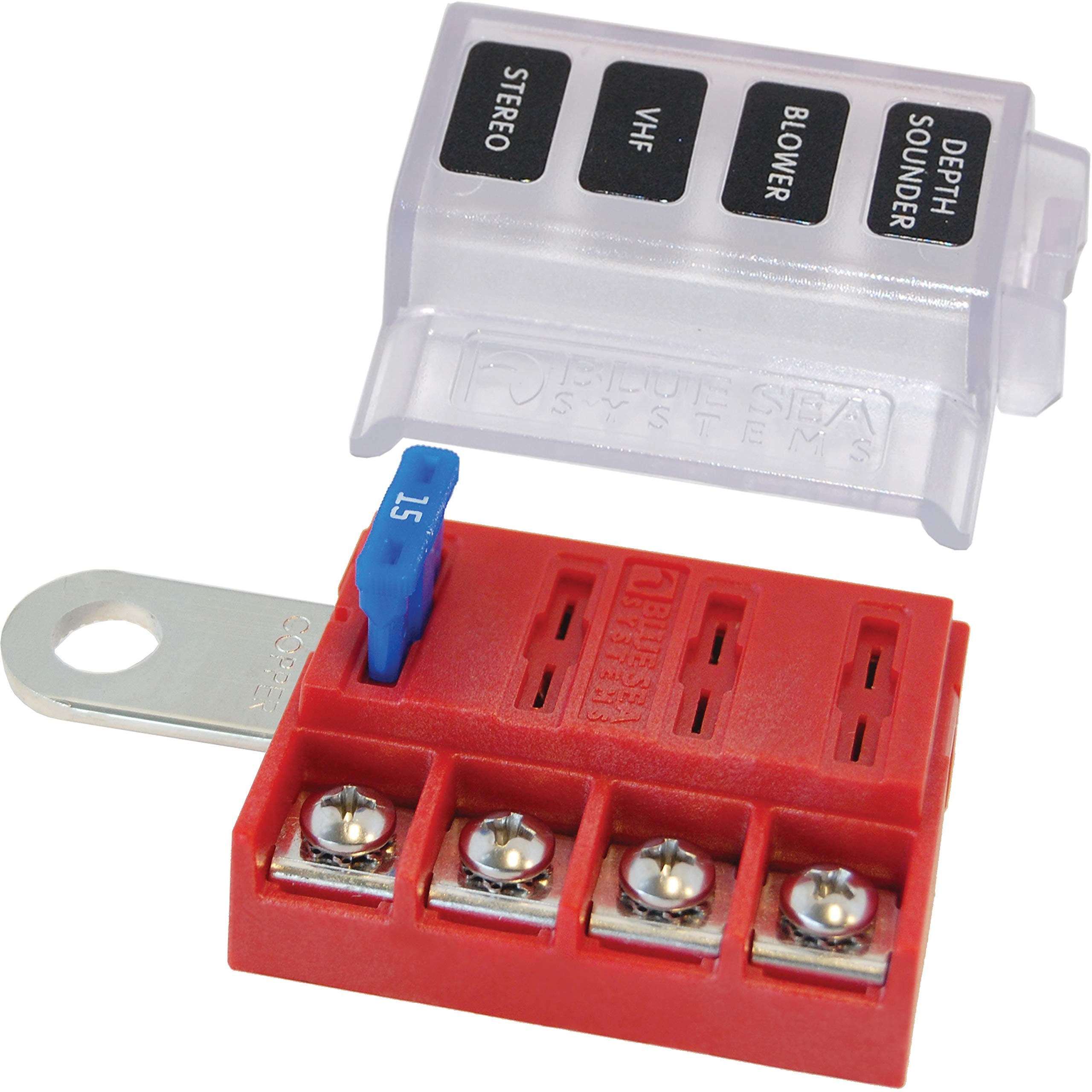 Blue Sea Systems 5023 Fuse Block ST Blade Battery Terminal 4 Way Circuit with Cover, 100 Amps