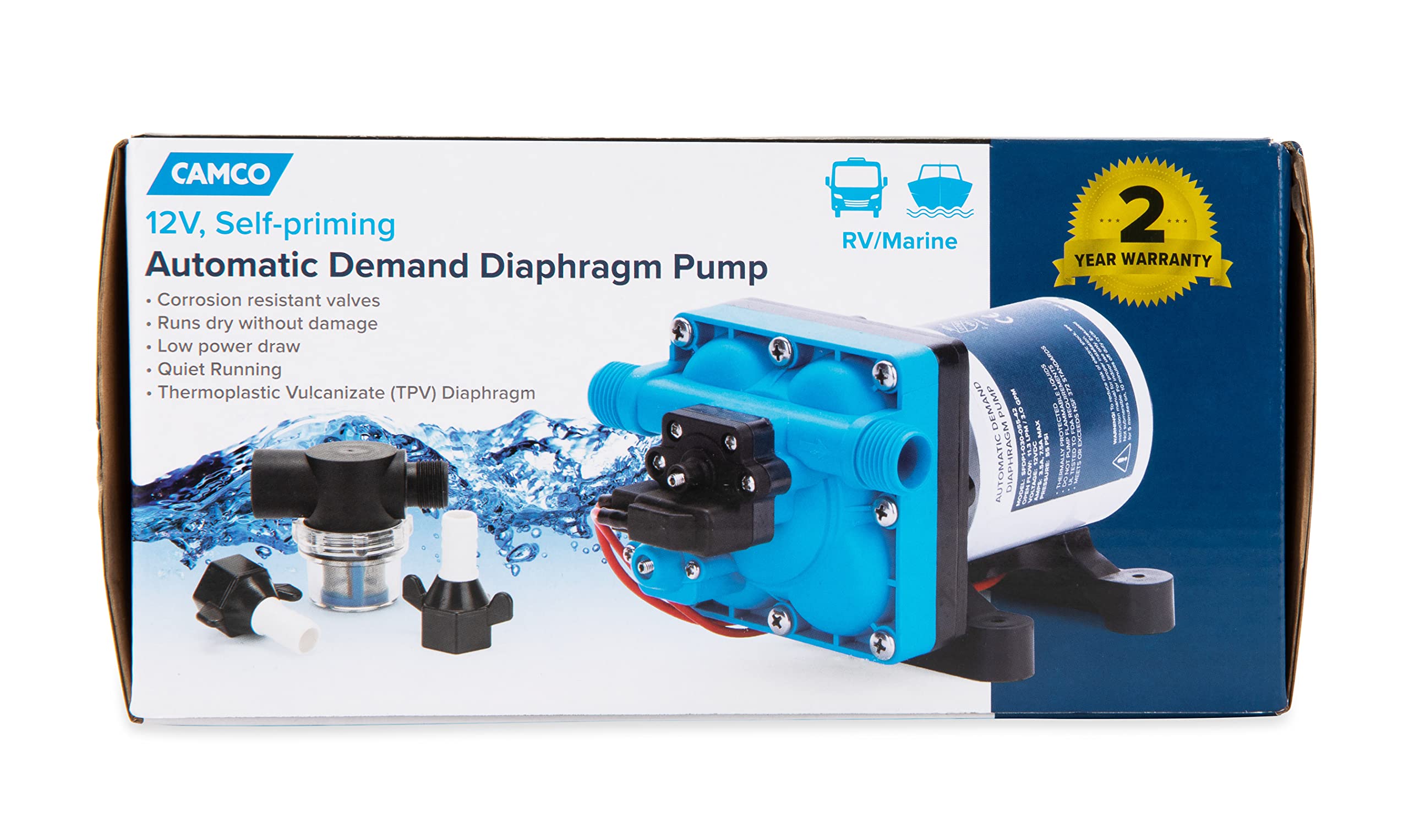 Camco Variable Flow RV/Marine Automatic Demand Diaphragm Water Pump | 12 Volt DC | 3.0 GPM Flow Rate with a 55-PSI Cutoff | Measures 8-inches (L) x 5-inches (W) x 4-3/8-inches (H) | (22491)