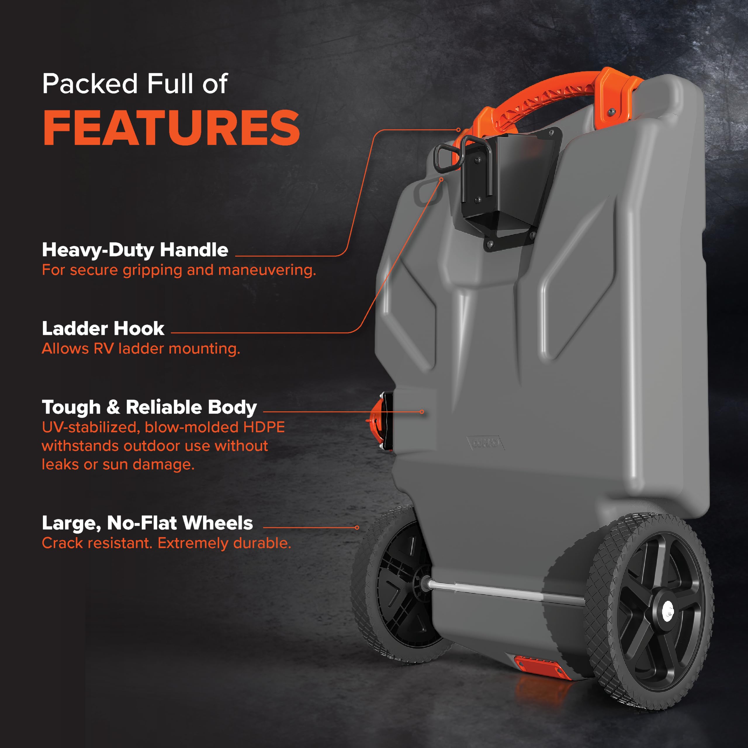 Camco 28-Gallon Rhino RV Tote Tank - Features Large Heavy-Duty No-Flat Wheels & Built-in Gate Valve - Removable Steel Tow Adapter, 3’ Sewer Hose & More RV Accessories (39004)