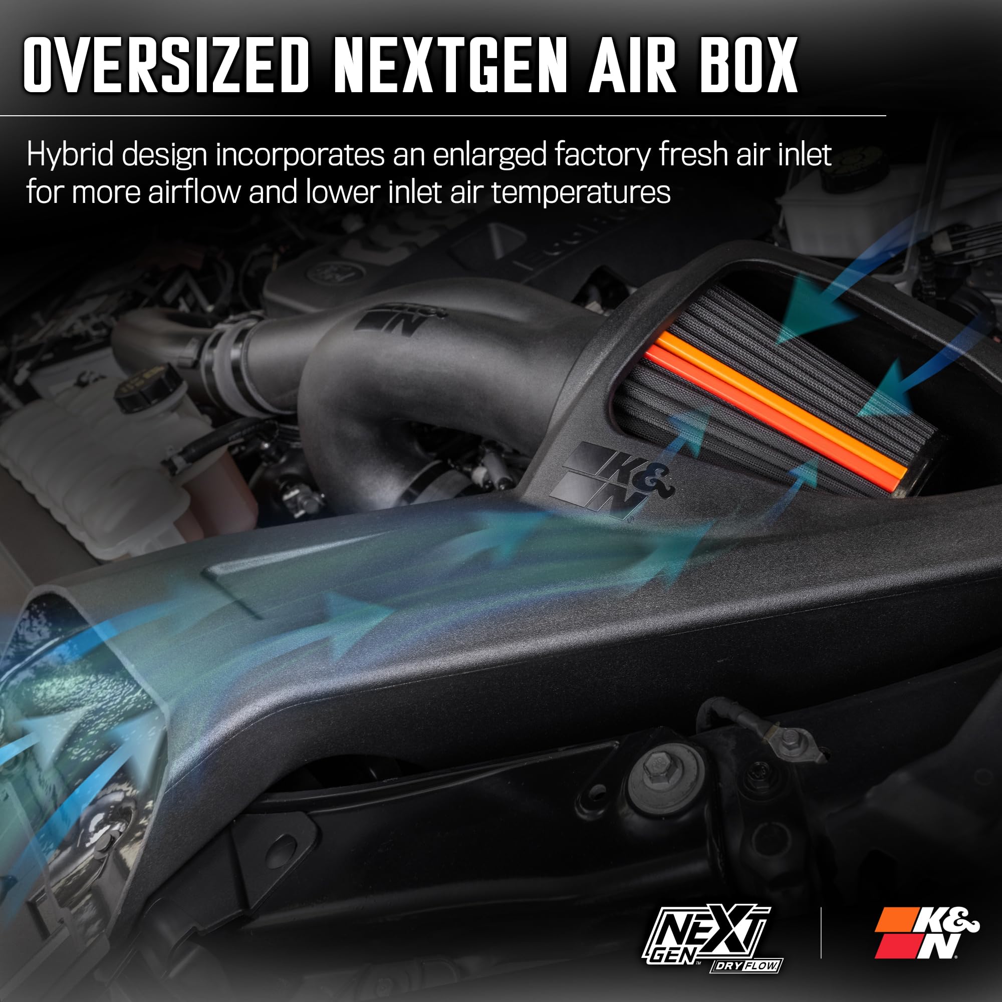 Cold Air Intake System K&N NextGen: Dry-Flow Cotton Filter: Compatible with 2021-2025 FORD F150; F150 Raptor; 50-2617D