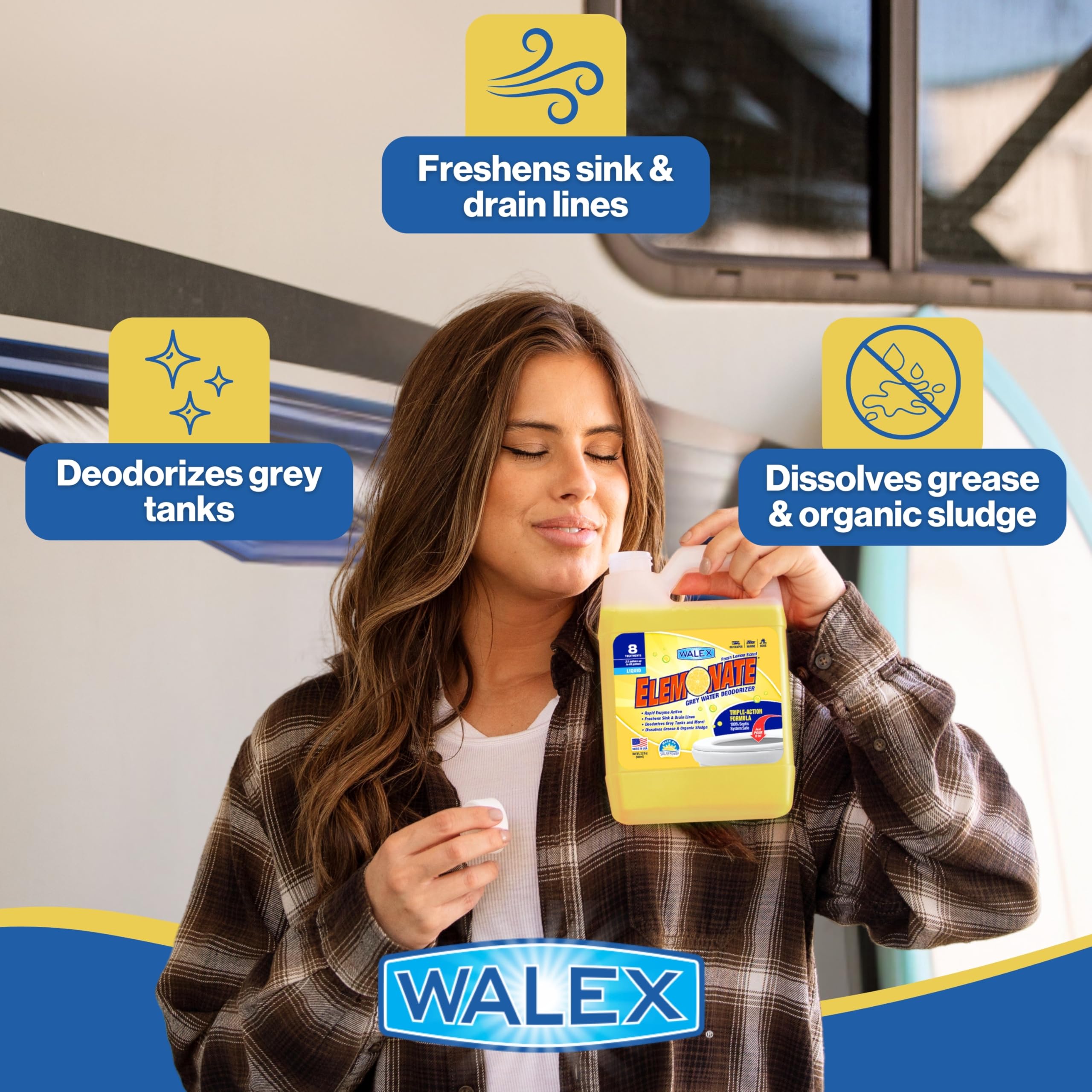 Elemonate Walex Liquid Grey Water Deodorizer for RV, Camper & Marine - Dissolves Grease & Organic Sludge to Prevent Clogs, Freshens Sink & Drain Lines, Septic Tank Safe, Fresh Lemon, 32oz