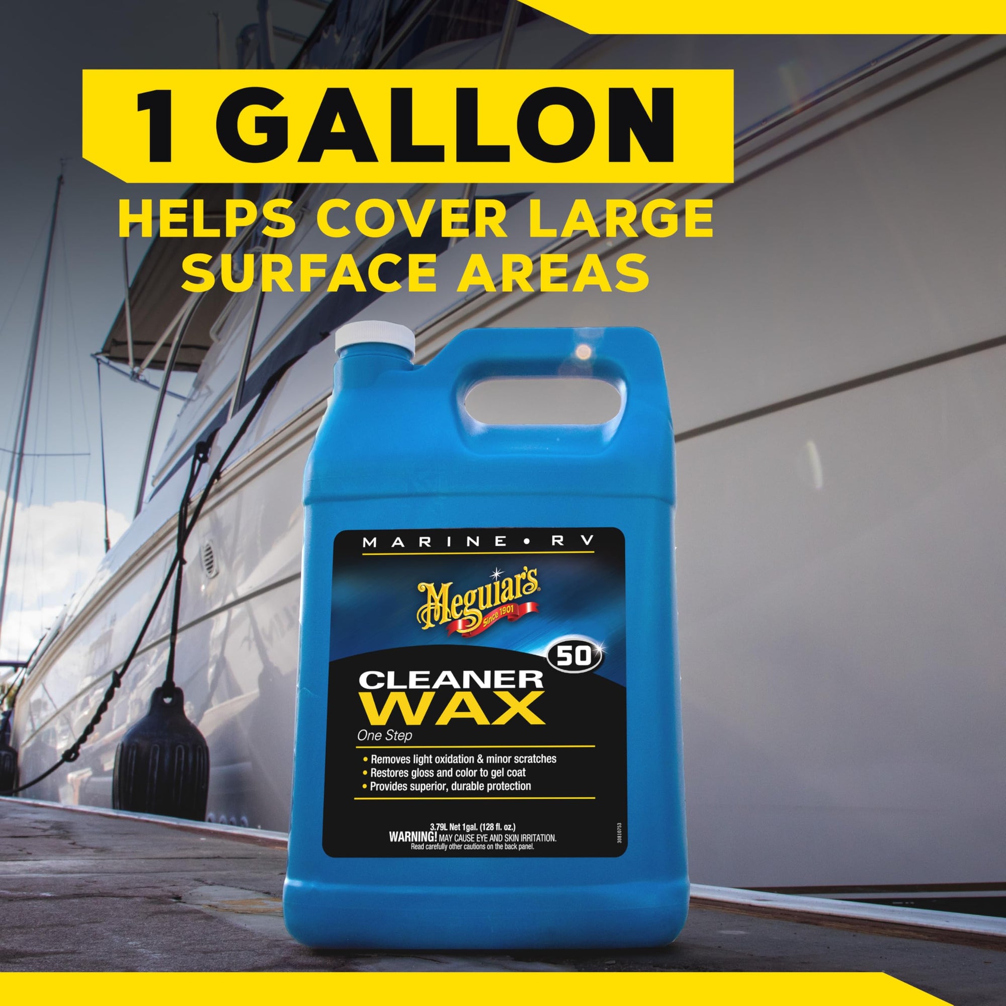 Meguiar's Marine/RV One Step Cleaner Wax M5001, Easy-to-Use Marine Wax for Boats and RVs That Removes Light Defects, Restores Color Brilliance, and Protects the Surface, 1 Gallon Bottle