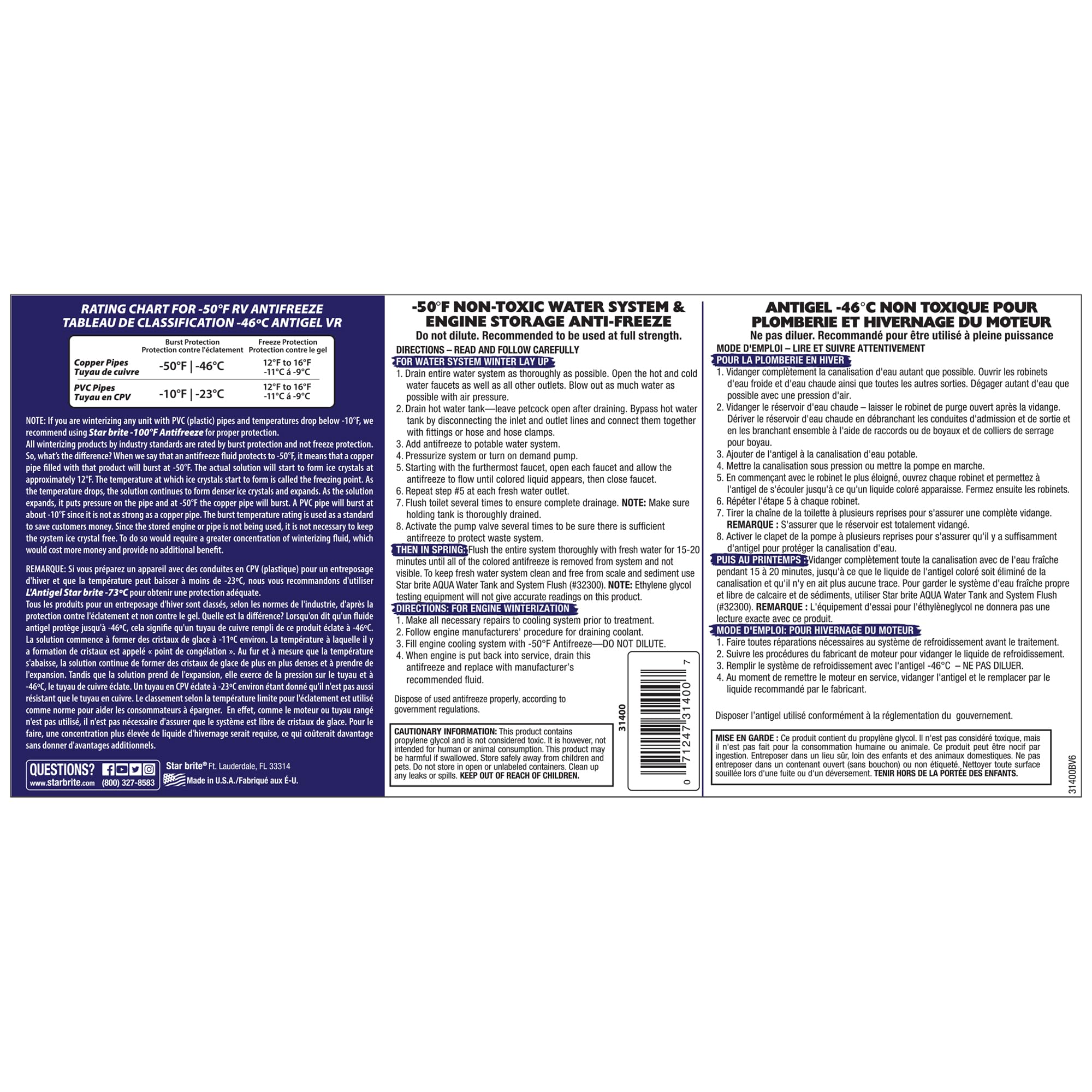 Premium STAR BRITE -50°F RV & Marine Antifreeze, Non-Toxic Engine & Water System Winterizer, Corrosion Inhibitors, Safe for Metals & Plastics