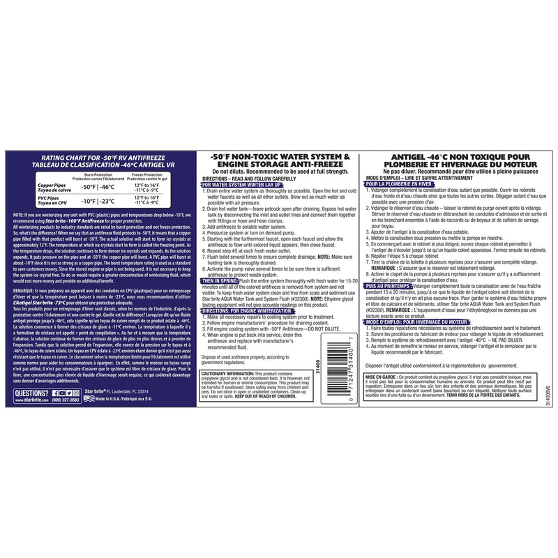 Premium STAR BRITE -50°F RV & Marine Antifreeze, Non-Toxic Engine & Water System Winterizer, Corrosion Inhibitors, Safe for Metals & Plastics