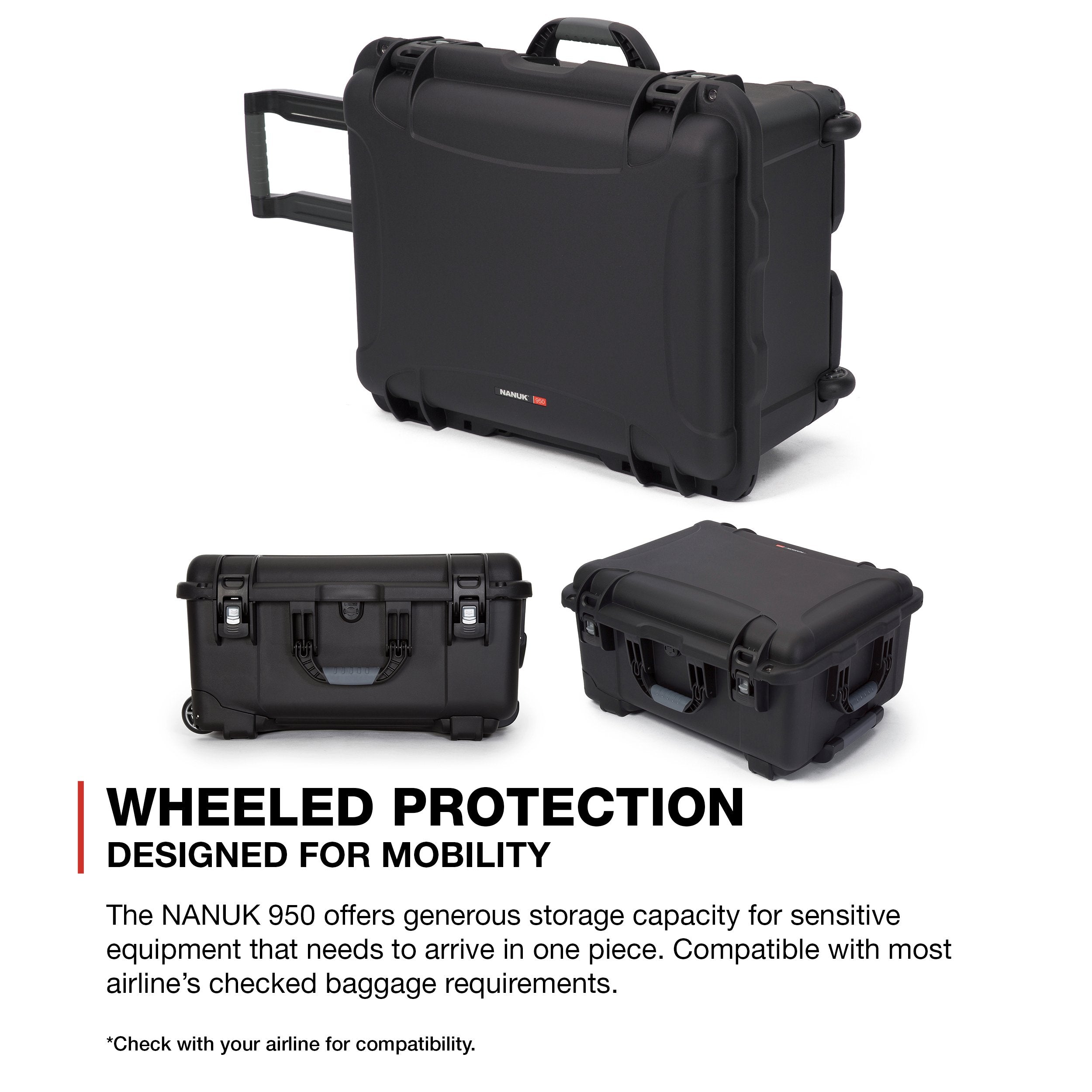 Waterproof NANUK 950 Hard Case with Wheels and Padded Divider - Black