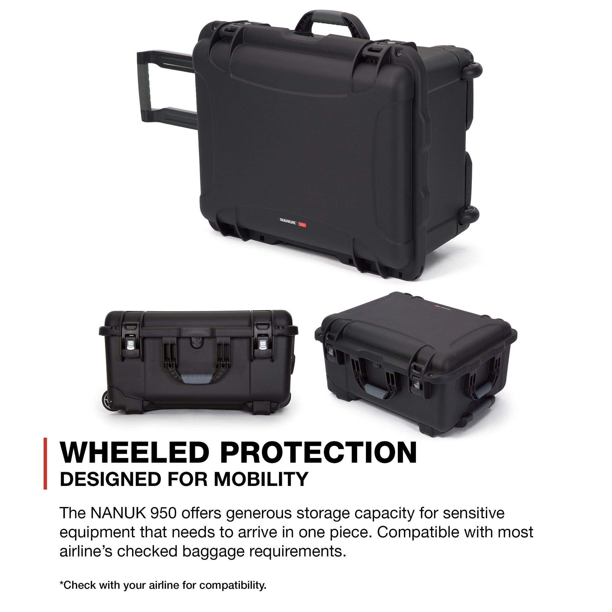Waterproof NANUK 950 Hard Case with Wheels and Padded Divider - Black