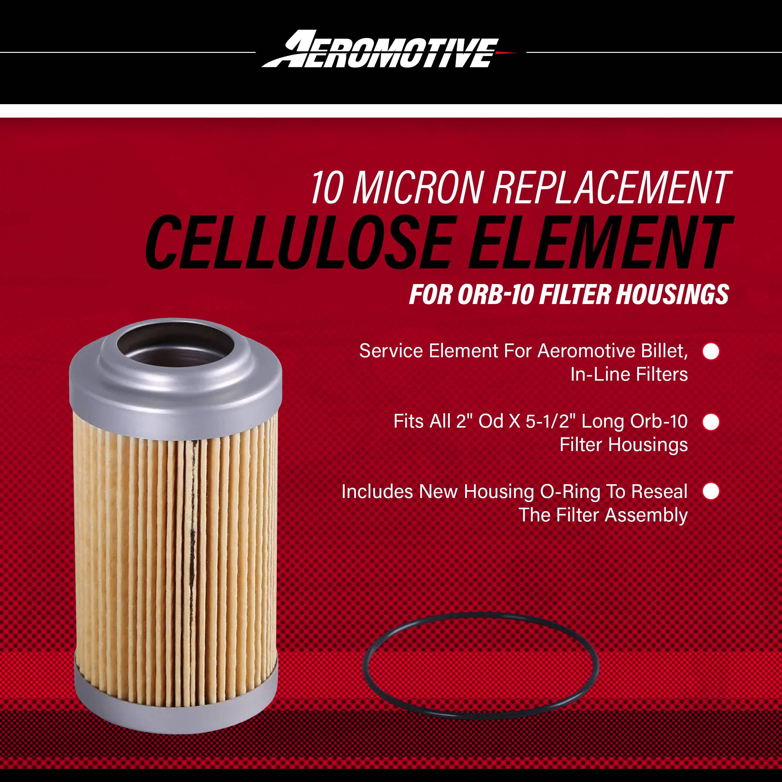 Replacement Aeromotive Fuel Filter Element, 10-Micron Rating, Cellulose Media, Fits All 2" OD Filter Housings