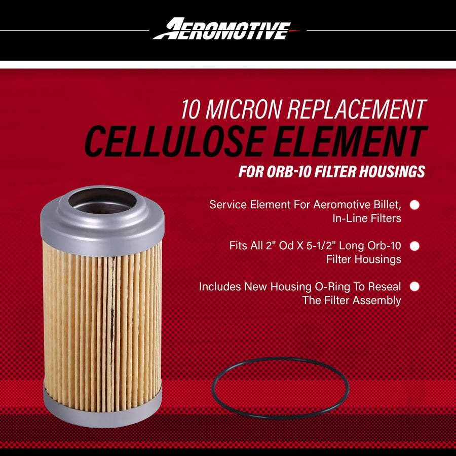 Replacement Aeromotive Fuel Filter Element, 10-Micron Rating, Cellulose Media, Fits All 2" OD Filter Housings