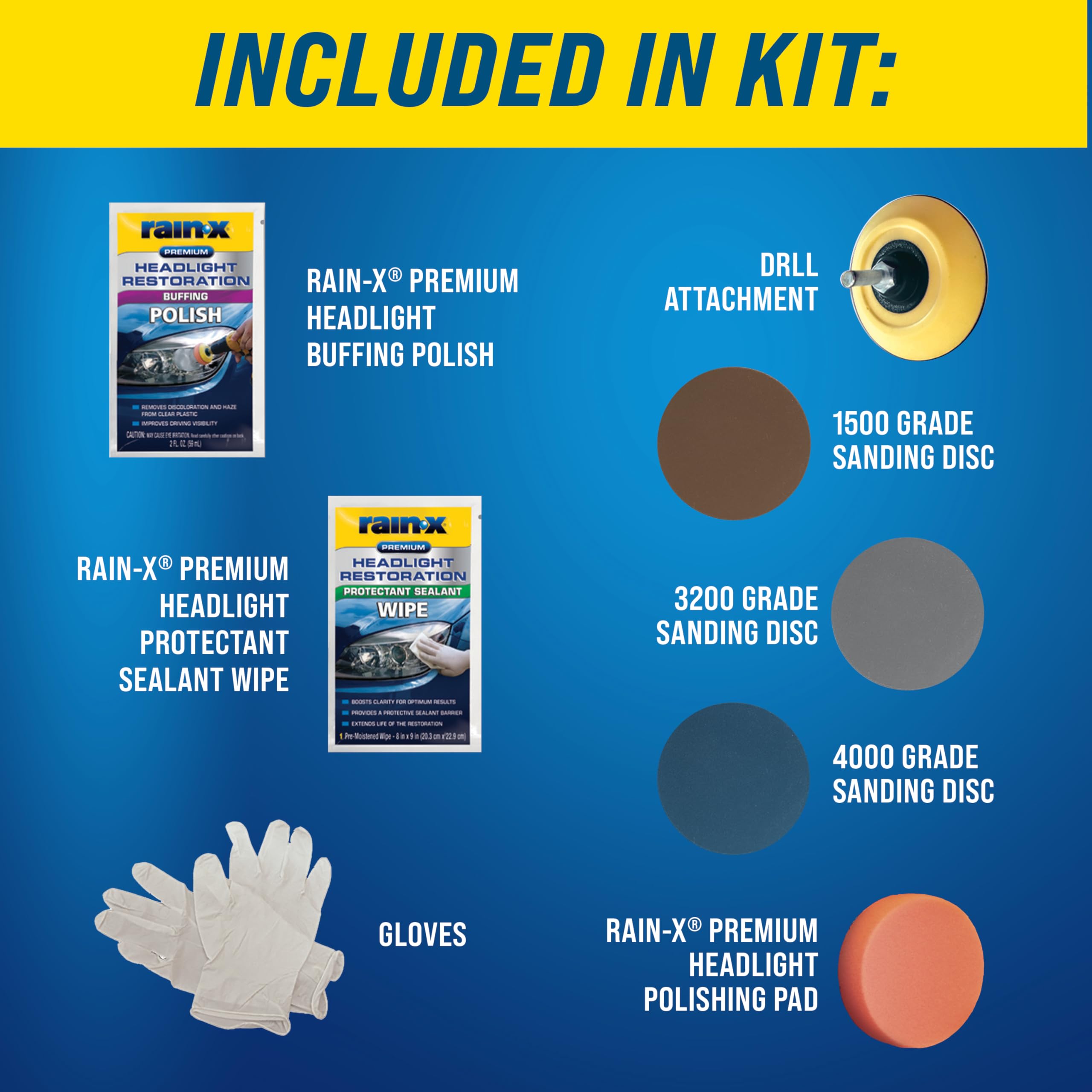 Headlight Restoration Kit Rain-X 610153 - Car Light Lens Cleaner/Restorer with Sanding & Polishing Drill Attachments & Sealant Wipe, Removes Scratches & Oxidation- All in 1 Long Lasting Formula