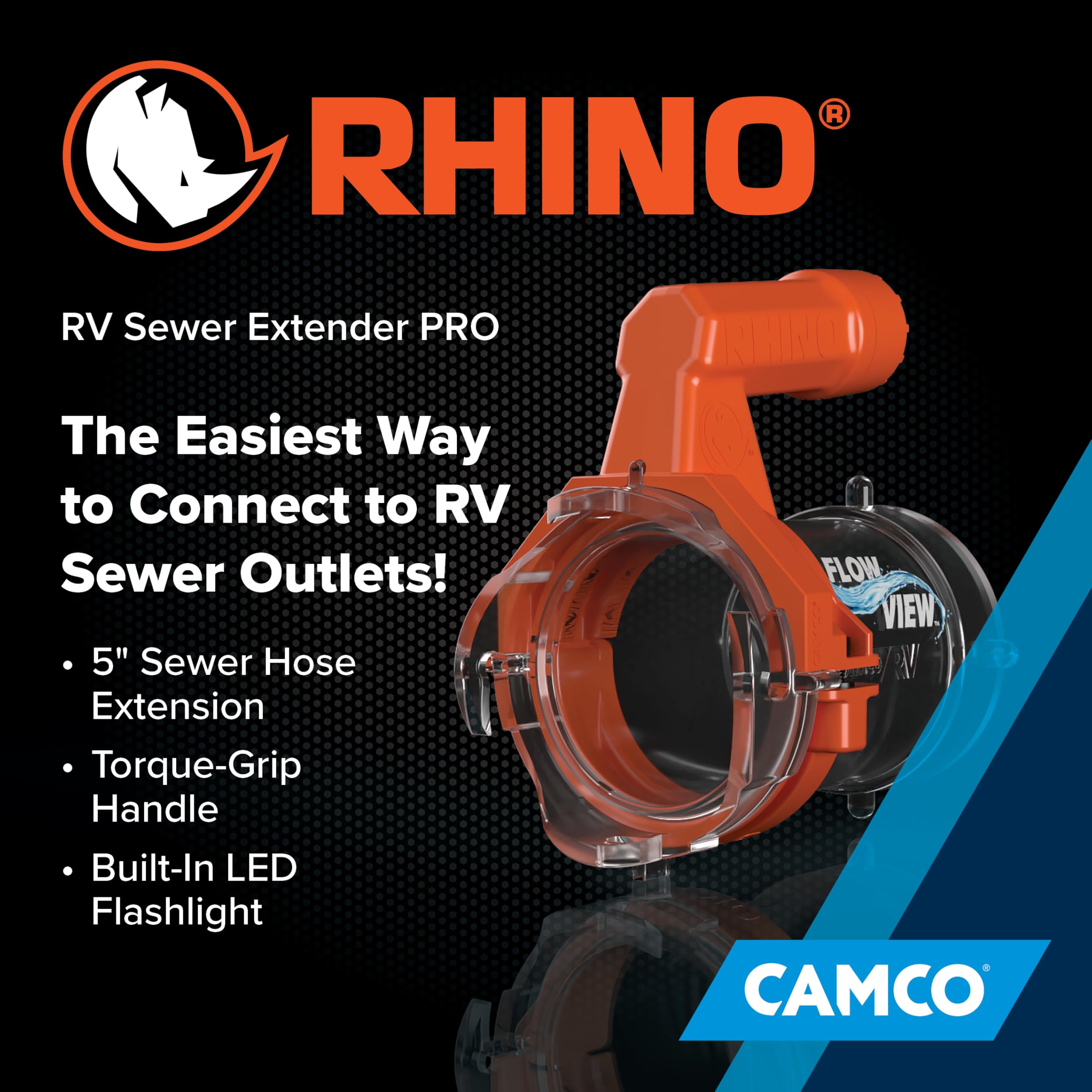 Rhino RV Sewer Hose Extender PRO Camco – 5″ Sewer Hose Extension — Torque-Grip Handle with Built-in LED Flashlight — The Easiest Way to Connect Your RV Sewer Hose (39570)