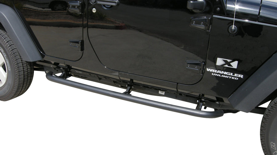 SRS Side Bar RAMPAGE PRODUCTS Retractable Rockguard Steps for Jeep Wrangler JK | Pair, Steel, Textured Black | 88732 | Fits 2007-2018 Jeep Wrangler JKU 4-Door