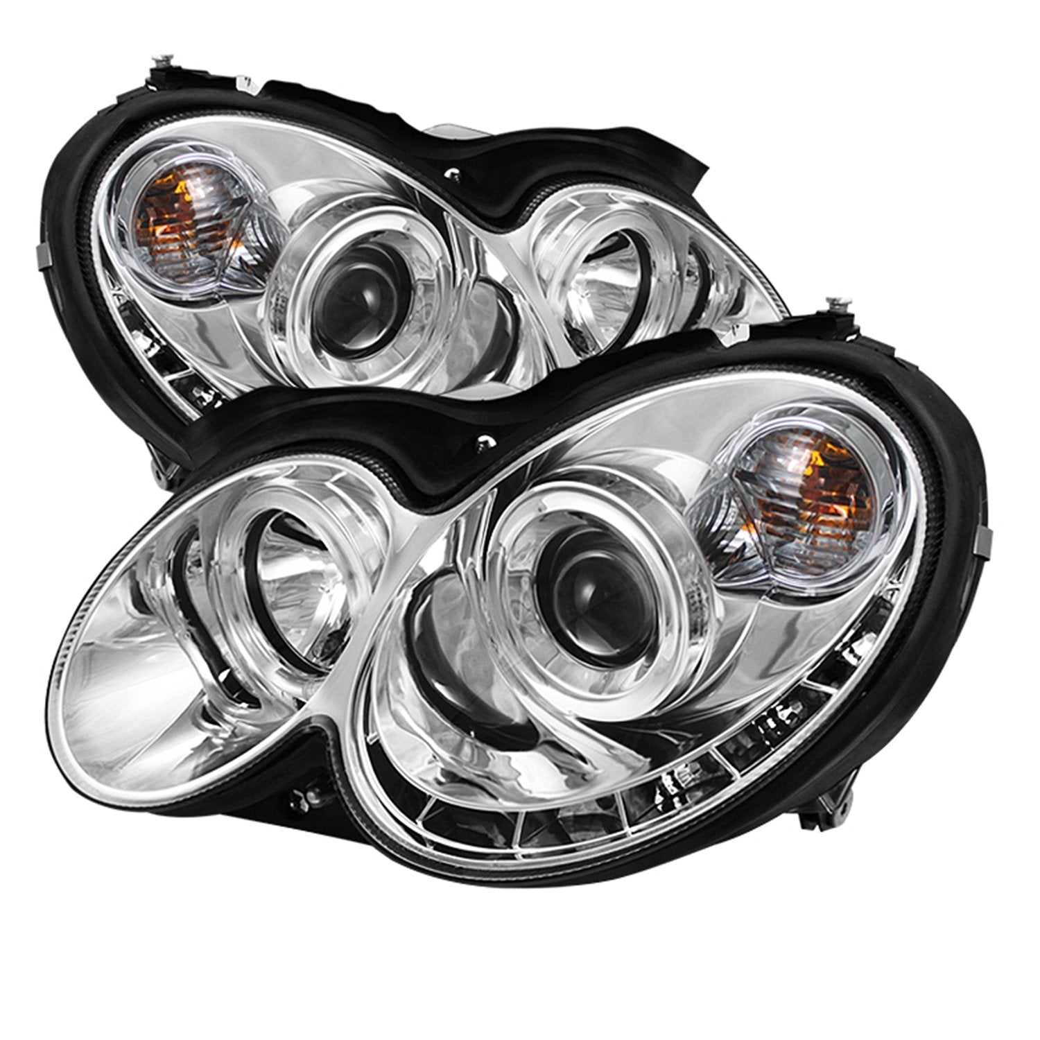 Mercedes Benz CLK 03-09 Spyder 5038029 Projector Headlights - Halogen Model Only (Not Compatible With Xenon/HID Model) - LED Halo - DRL - Chrome - High H1 (Included) - Low H7 (Included)