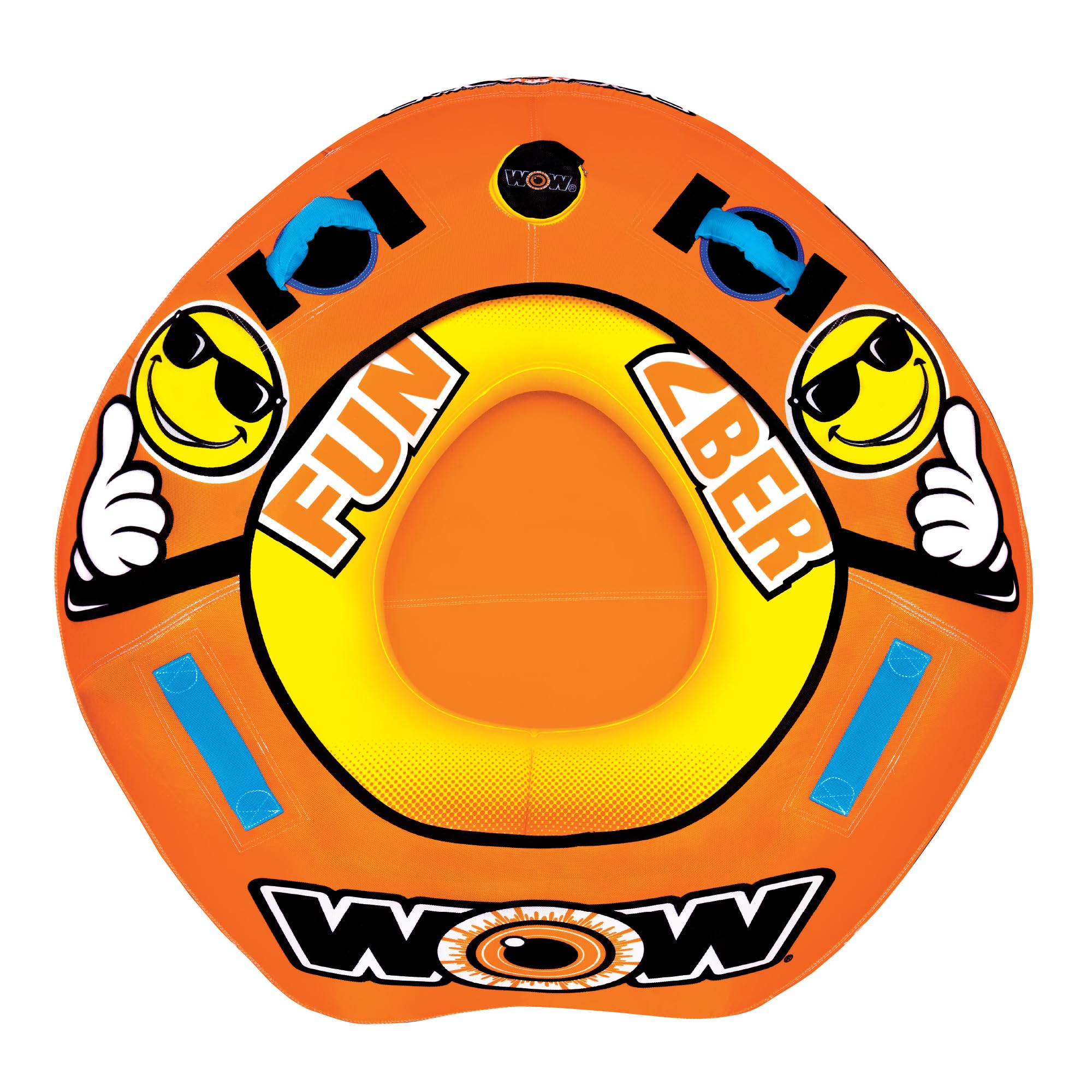 2Ber WOW Sports Fun Inflatable Towable Tube - Included 12V DC Pump & 1K 60' Tow Rope - Classic 1-Person Design - Perfect Boating Accessory