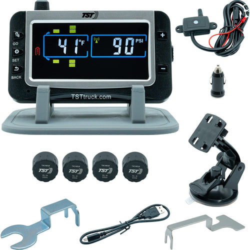 TST 507 Tire Pressure Monitoring System by Truck System Technologies with 4 Cap Sensors and Color Display for Metal/Rubber Valve Stems, TPMS for RVs, Campers and Trailers, Sunshade Included